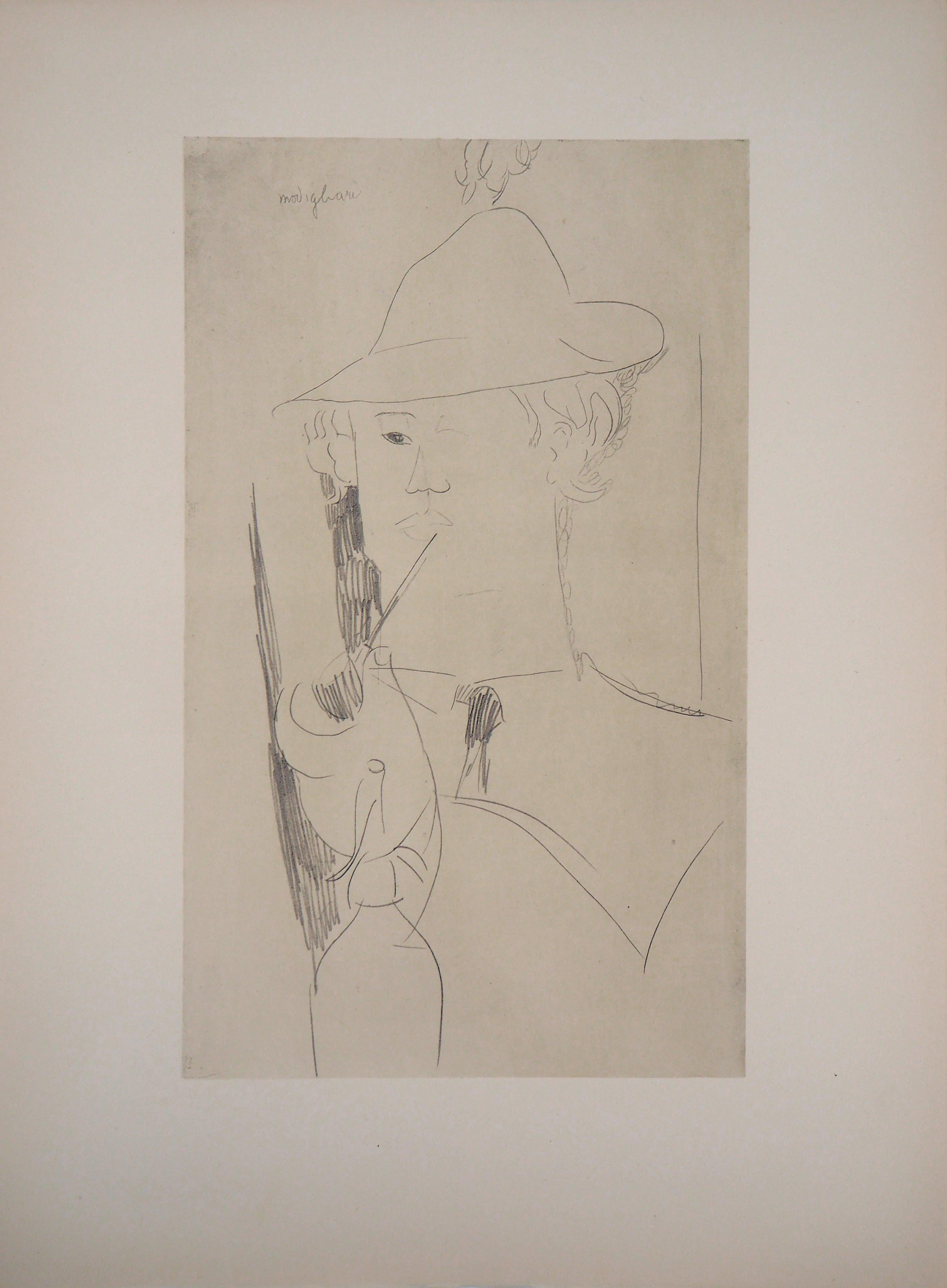 Portrait Print Amedeo Modigliani - Vlaminck fumant une pipe - Lithographie signée dans l'assiette