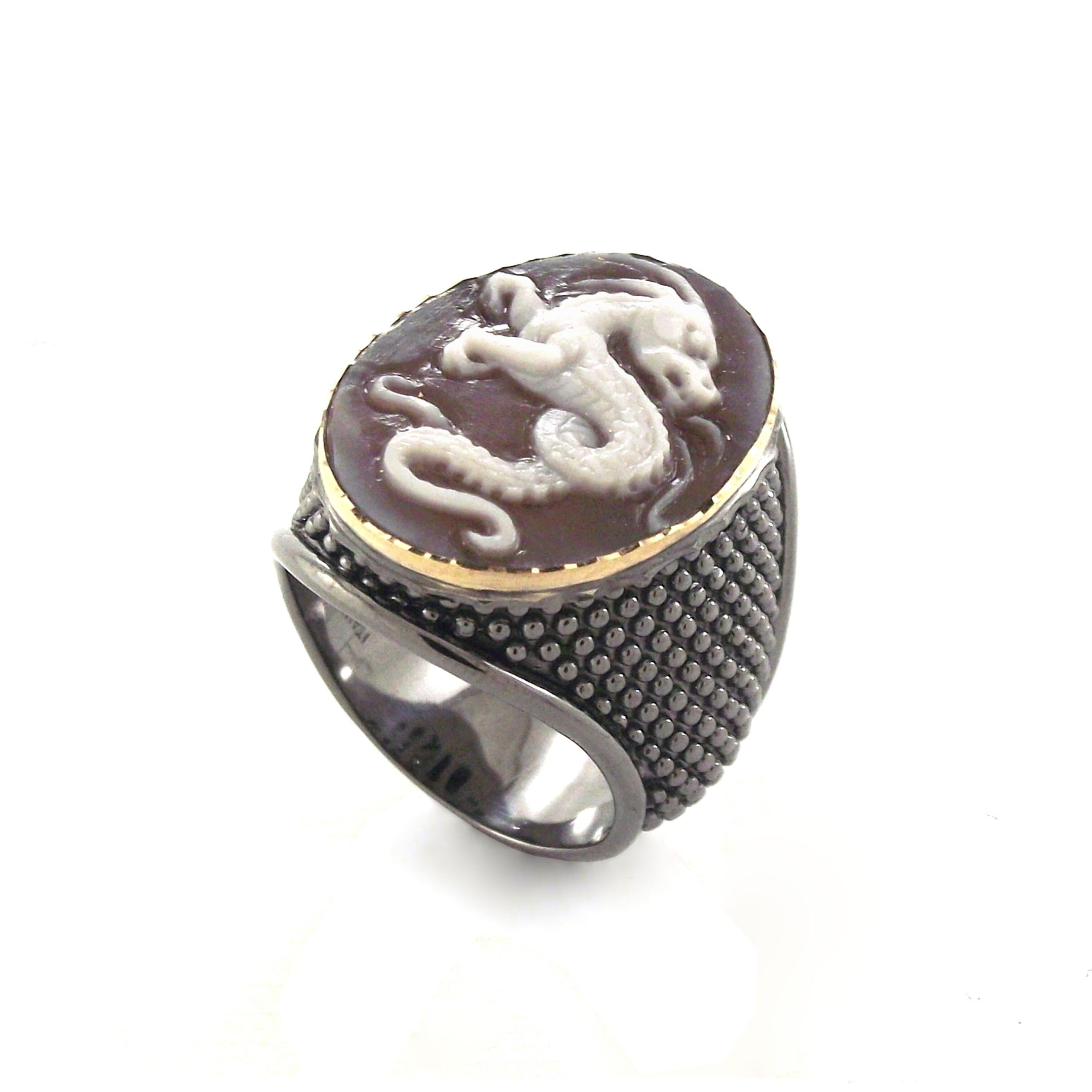 25mm sardonyx cameo, hand-carved, on 18k yellow gold and sterling silver, black rhodium plated.