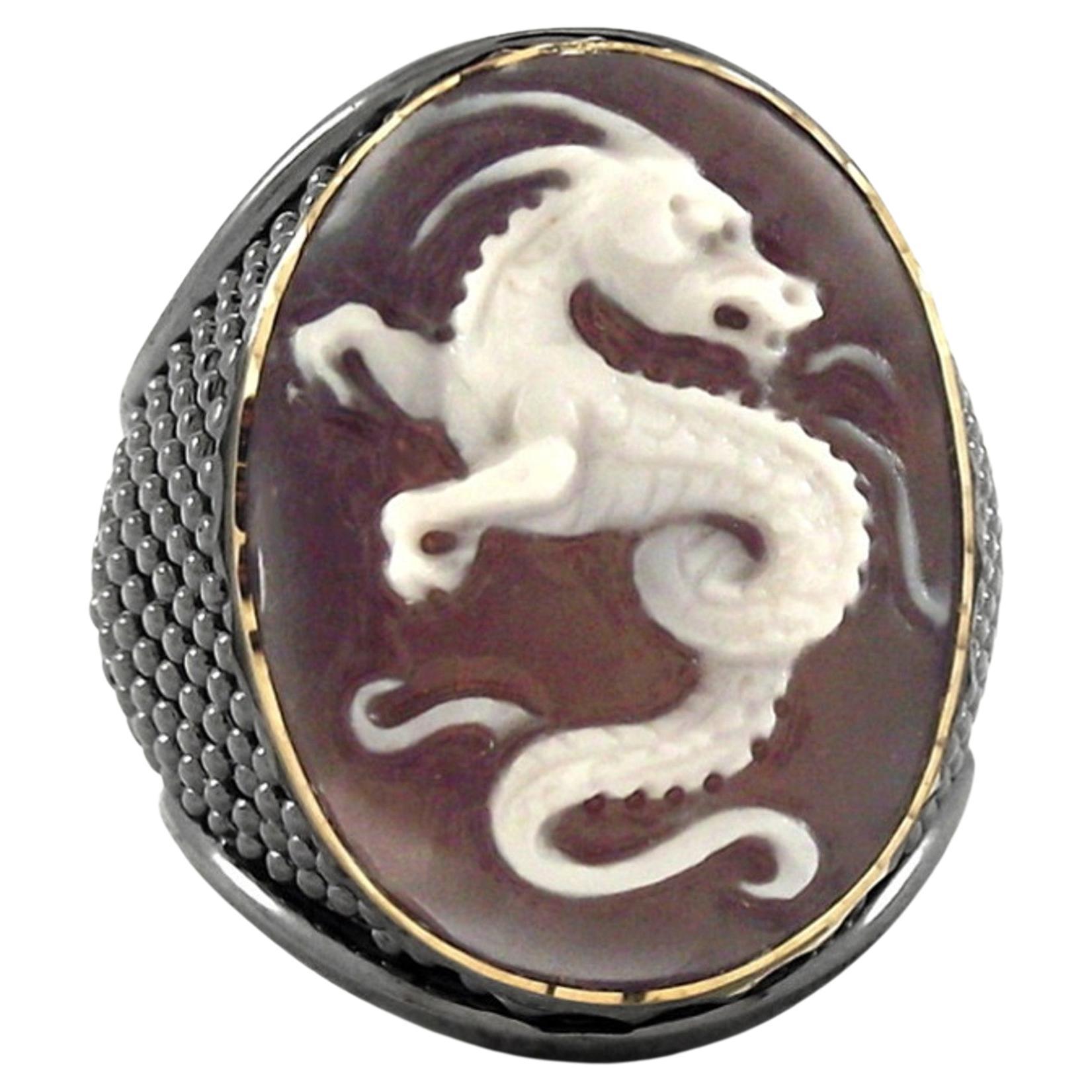 Amedeo "Mystic Dragon" Cameo Ring In 18k Gold & Silver For Sale