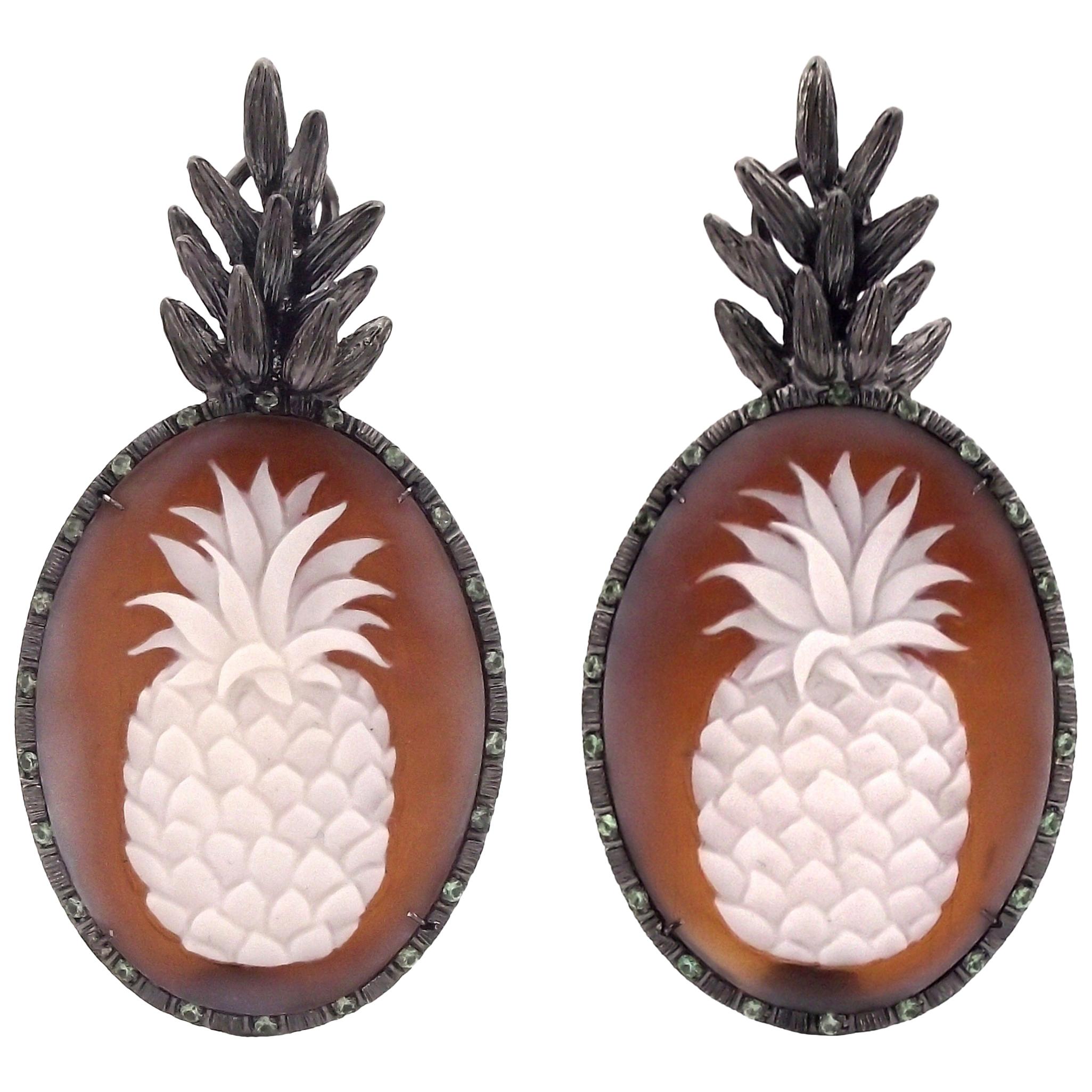 Amedeo "Pineapple" Cameo Earrings with Tsavorites For Sale