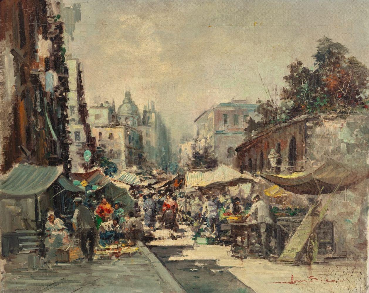 Scène du marché de la ville - Painting de Amedeo Sica