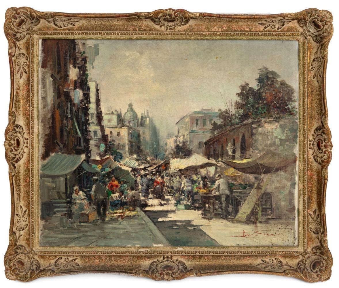 Amedeo SICA (italien, XX-XXI), Scène de marché, huile sur toile, signée en bas à droite, cadre en bois doré vieilli. Image : 15.75