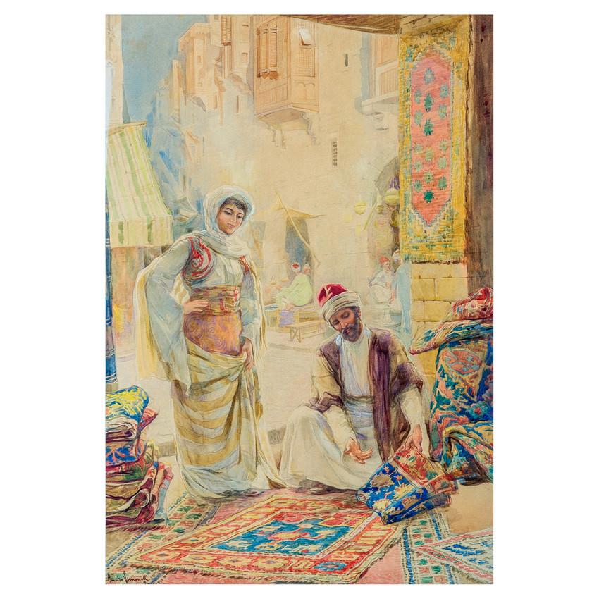 AMEDEO SIMONETTI
Italienisch, 1874-1922

Der Teppichhändler

Unterzeichnet Amedeo Simonetti
Aquarell auf Papier
21 x 14 Zoll 
Gerahmt: 27 1/2 x 20 1/2 Zoll