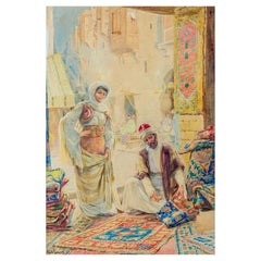 Amedeo Simonetti  Orientalist Watercolor Painting of A Merchant