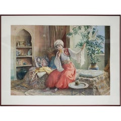Watercolor of Orientalist Indoor Scene by Amedeo Simonetti
