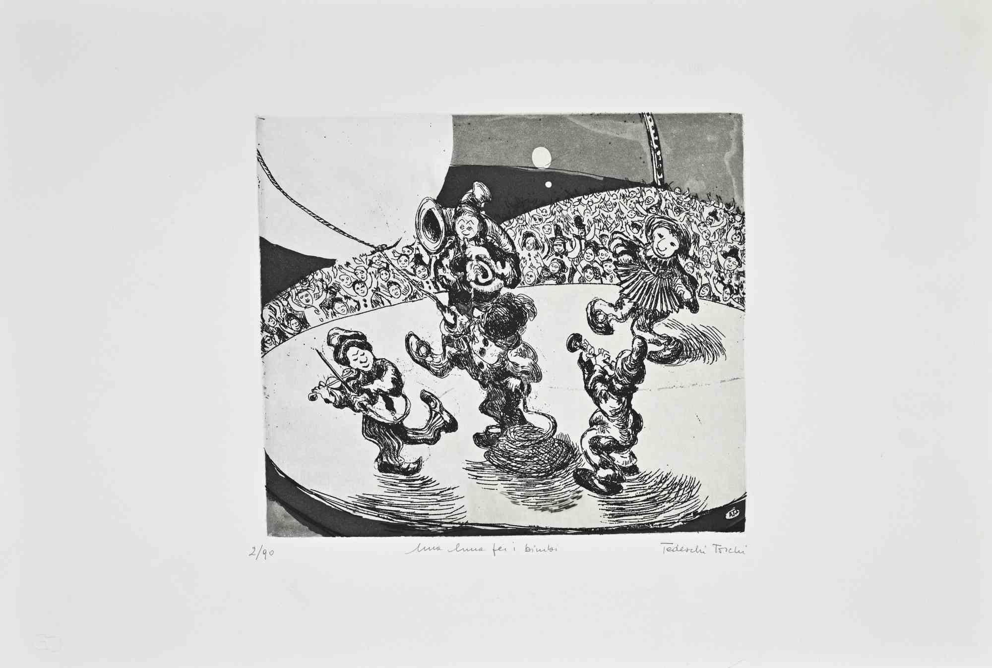 Etching on paper.

Hand signed, titled (original title: una luna per bimbi), and numbered in pencil.

Edition of 90.

Excellent condition.