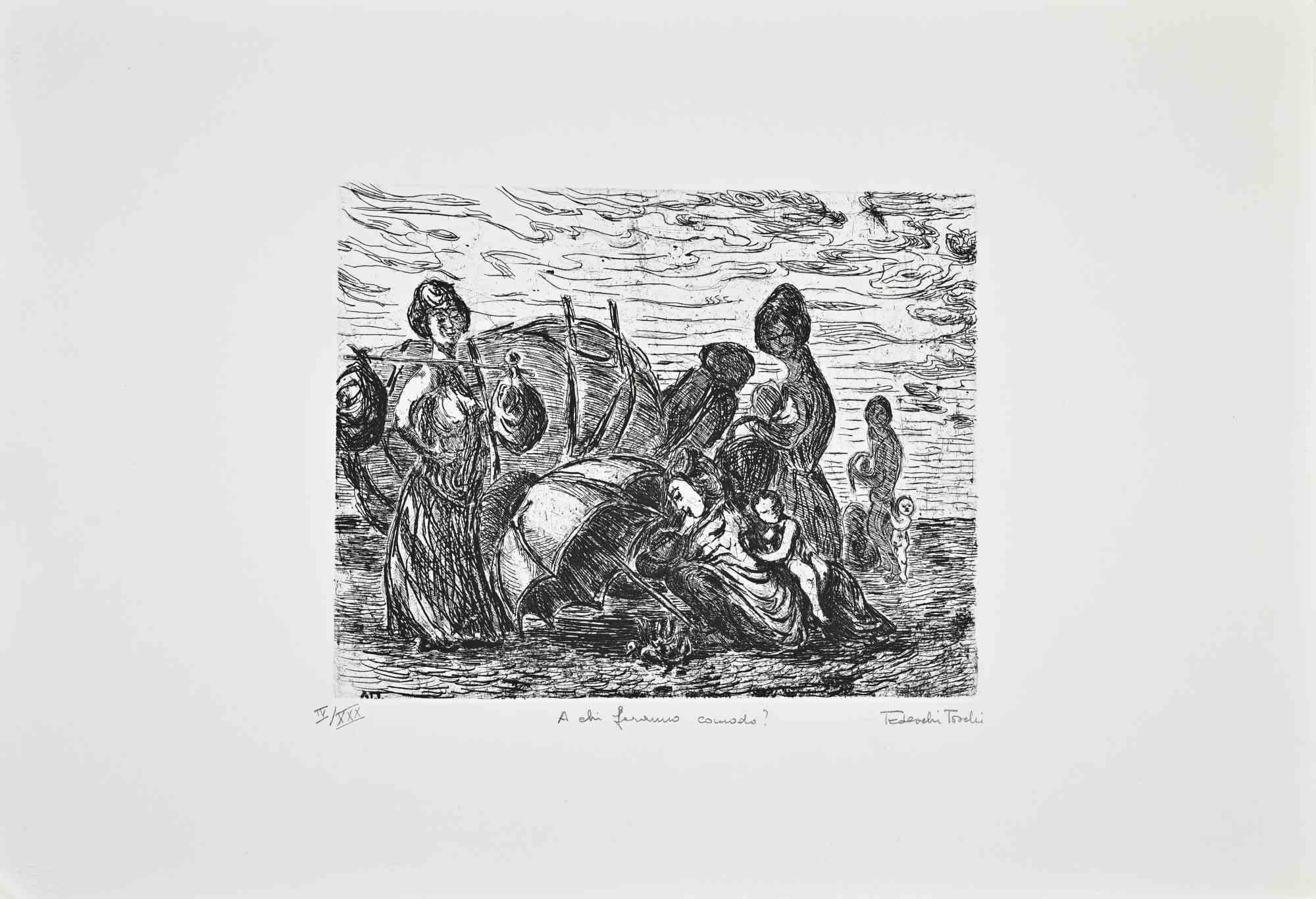 Etching on paper.

Hand signed, titled (original title: A Chi Faranno Comodo?)) and numbered in pencil.

Edition of 30, in roman numbers.

Very good condition.