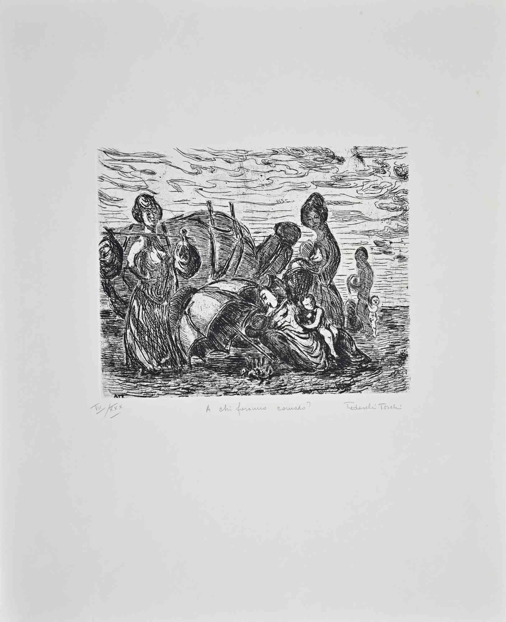 Etching on paper.

Hand signed, titled (original title: A Chi Faranno Comodo?)) and numbered in pencil.

Edition of 30, in roman numbers.

Very good condition.