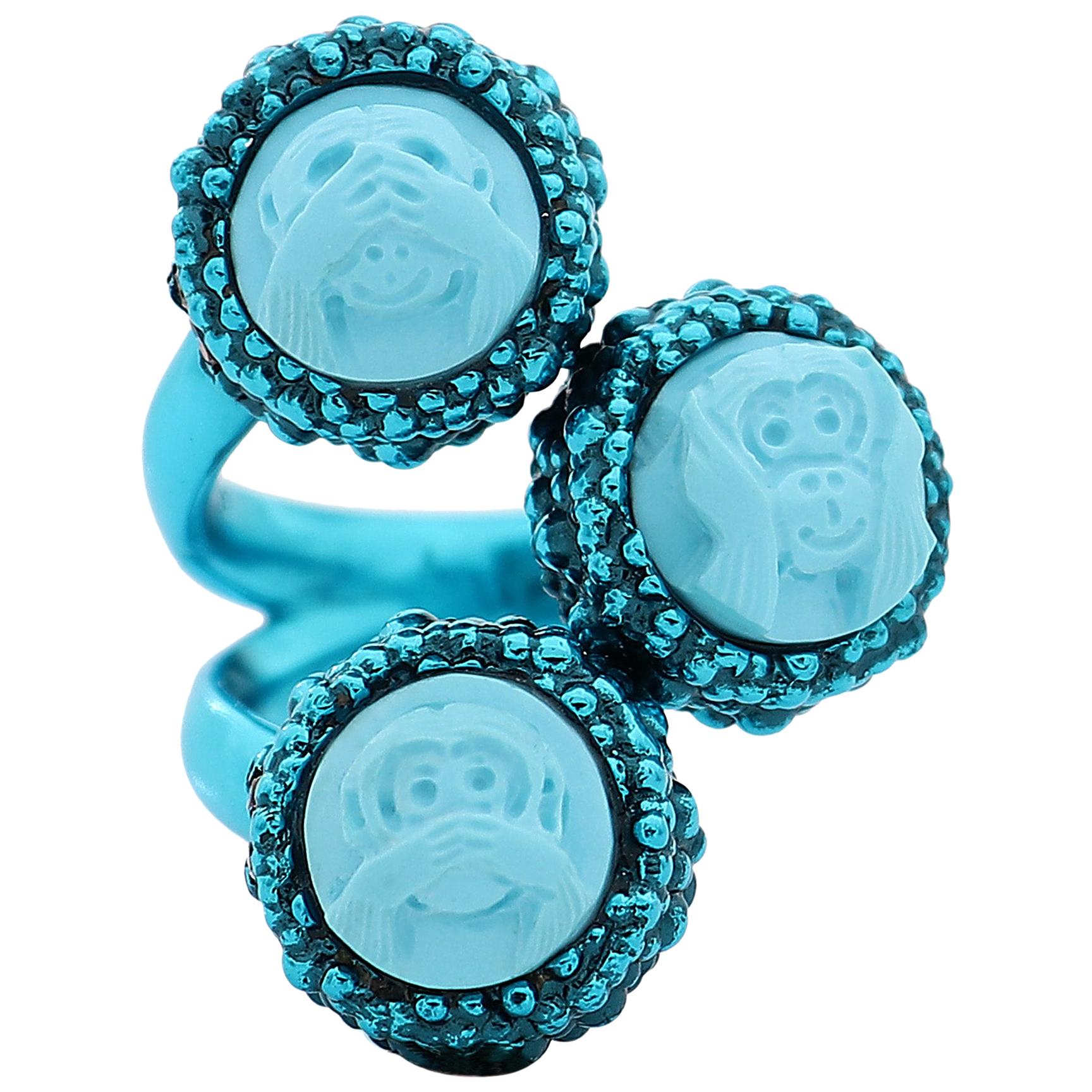 Amedeo Turquoise "Wise Monkeys" Cameo Ring For Sale