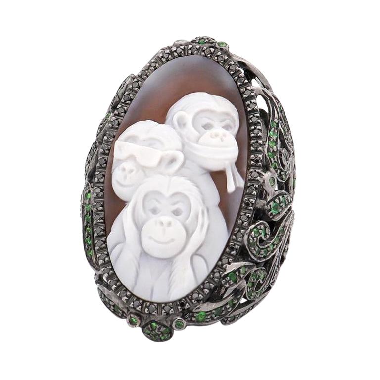 Amedeo "Weekend In Nikko" Cameo Ring with Black Diamonds & Tsavorites For Sale