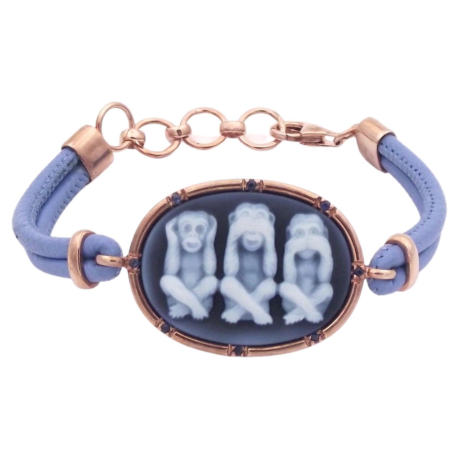 Amedeo "Wise Monkeys" Cameo Bracelet with Blue Sapphires For Sale