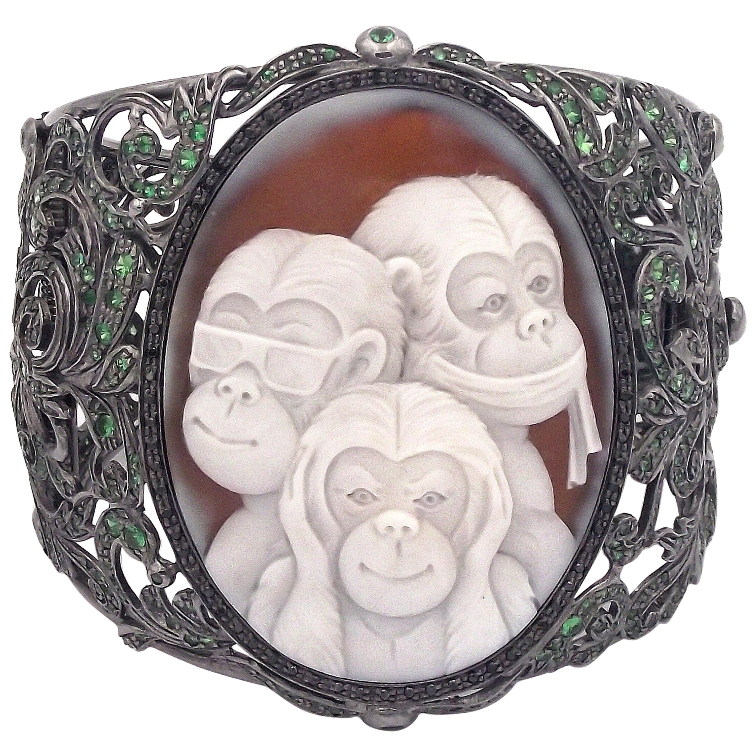 Amedeo "Wise Monkeys" Cameo Cuff with Tsavorites For Sale