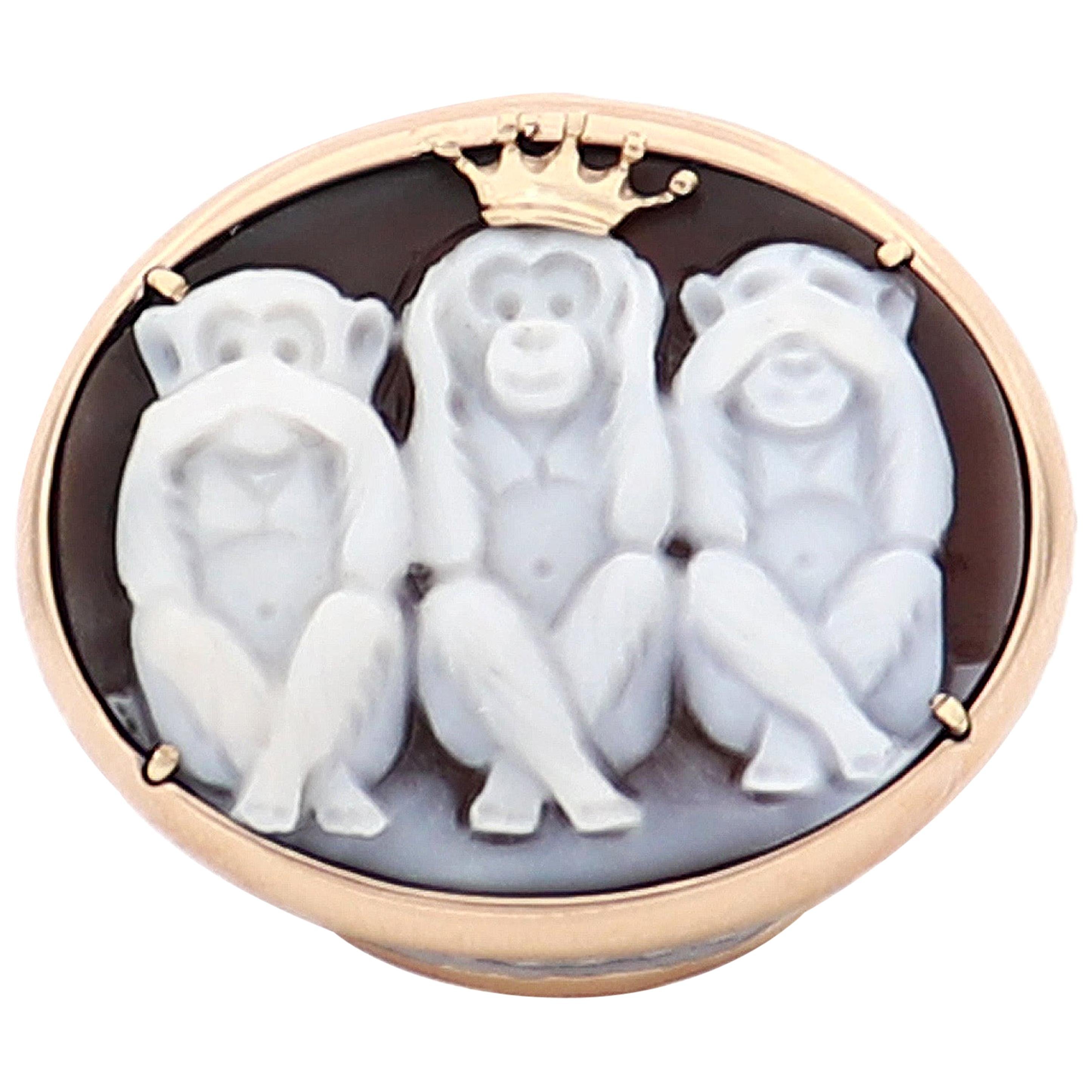 Amedeo "Wise Monkeys" Cameo Ring with 14 Karat Gold