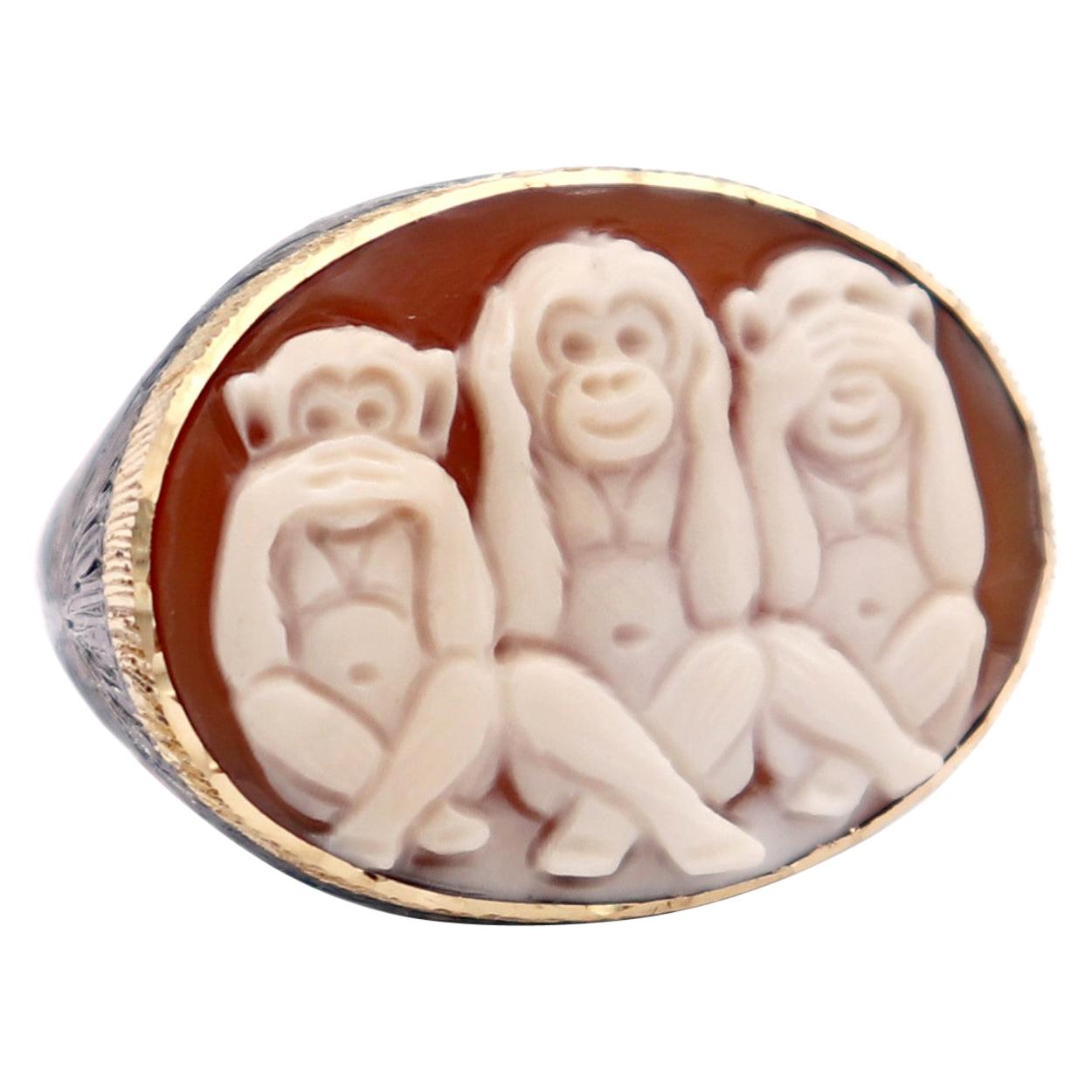 Amedeo "Wise Monkeys" Cameo Ring with 18 Karat Gold