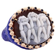Amedeo "Wise Monkeys" Cameo Ring With Blue Sapphires