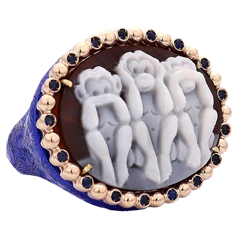 Amedeo "Wise Monkeys" Cameo Ring With Blue Sapphires For Sale