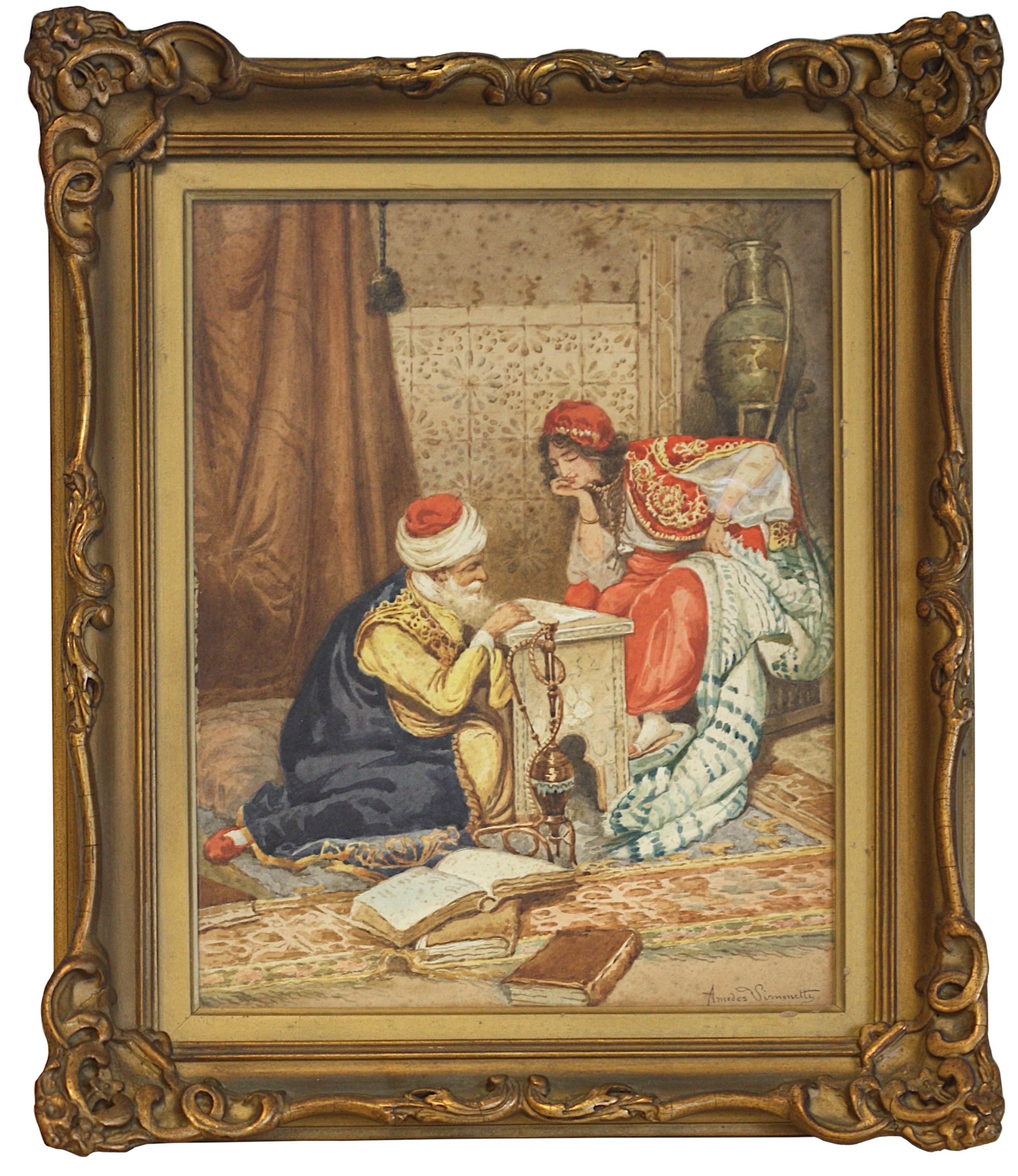 
Amedes Simonetti, (Italian, 1874-1922) 
Teacher and a Young Woman, gouache on paper, signed in script, l.r., 
14 by 10.75 in. (35.56 x 27.30 cm.), overall, in a gilt frame 19 by 15.5 in. (48.26 x 39.37)

Provenance: Descended in the same family,