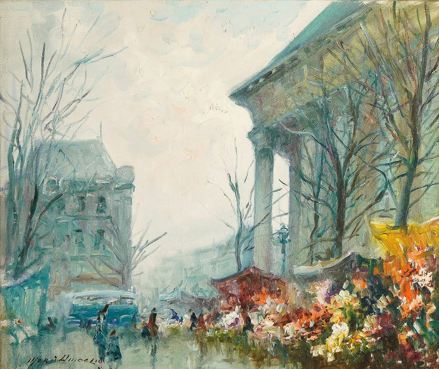 French Ameglio Mario, Oil on Canvas Le Marché aux Fleurs de la Place de la Madeleine