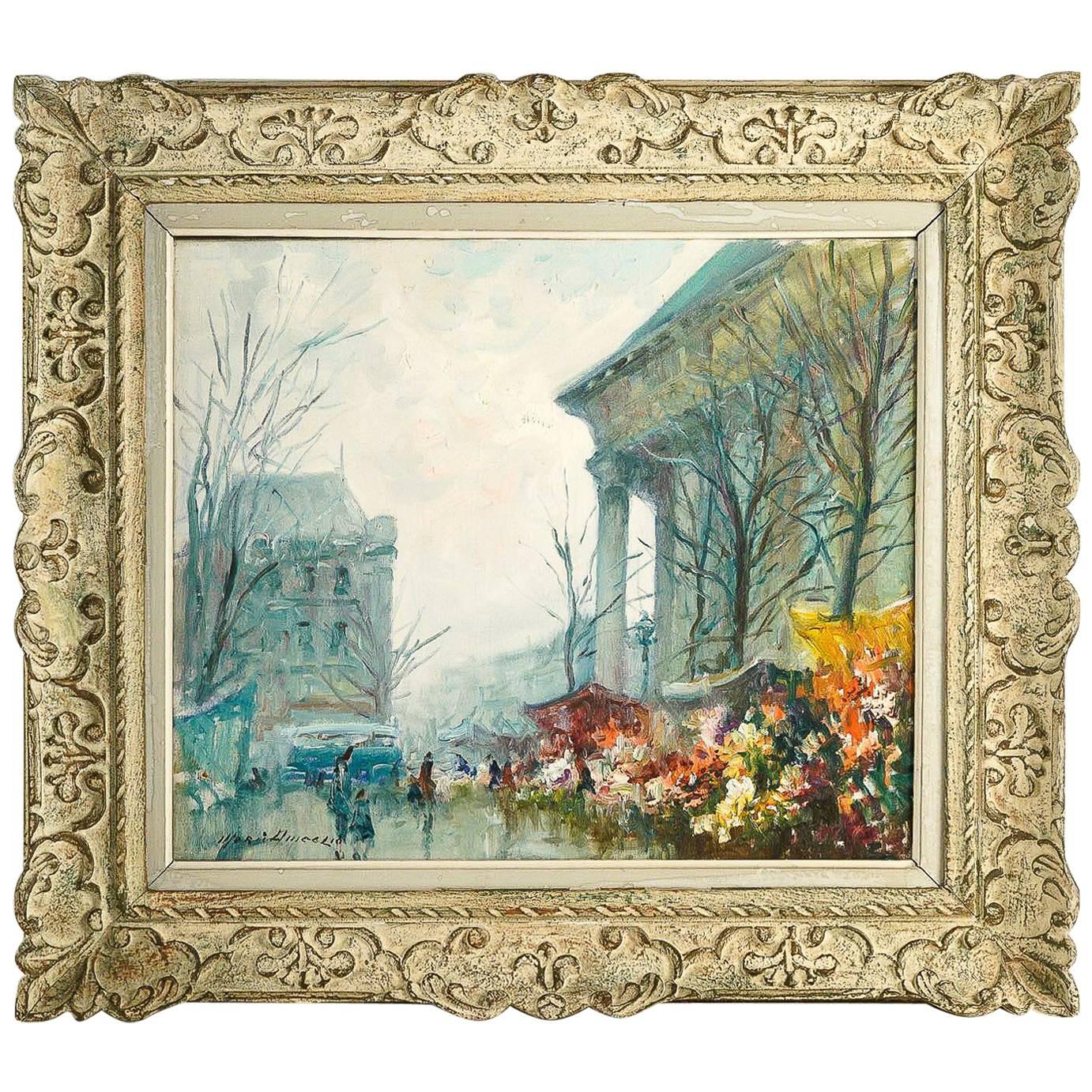 Ameglio Mario, Oil on Canvas Le Marché aux Fleurs de la Place de la Madeleine