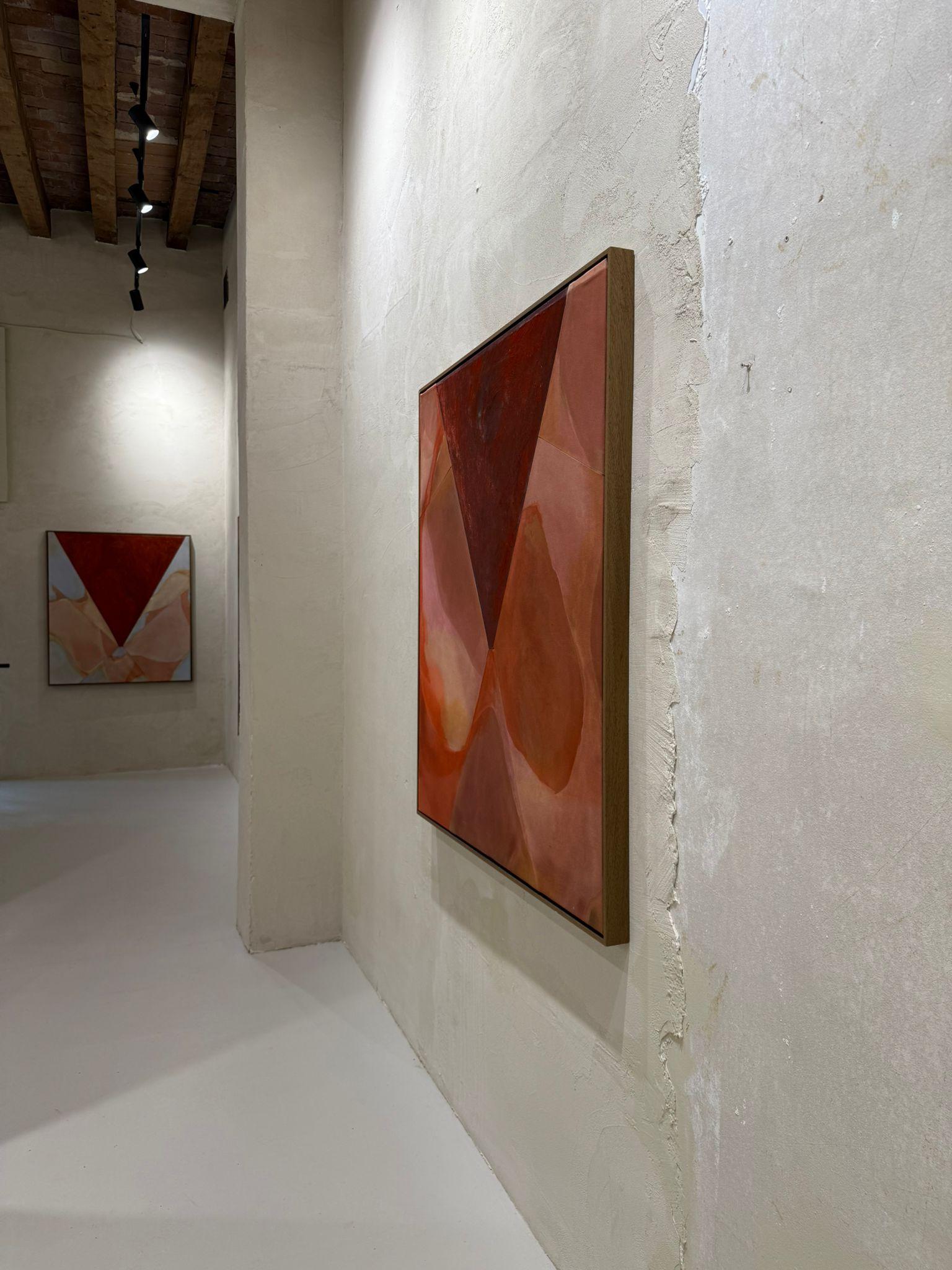 Amela Rasi Abstract Geometric Painting with Red Triangle Forms Oil on Canvas For Sale 6