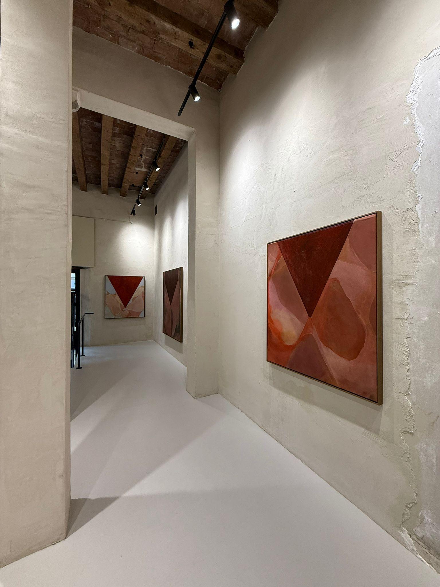 Amela Rasi Abstract Geometric Painting with Red Triangle Forms Oil on Canvas For Sale 7