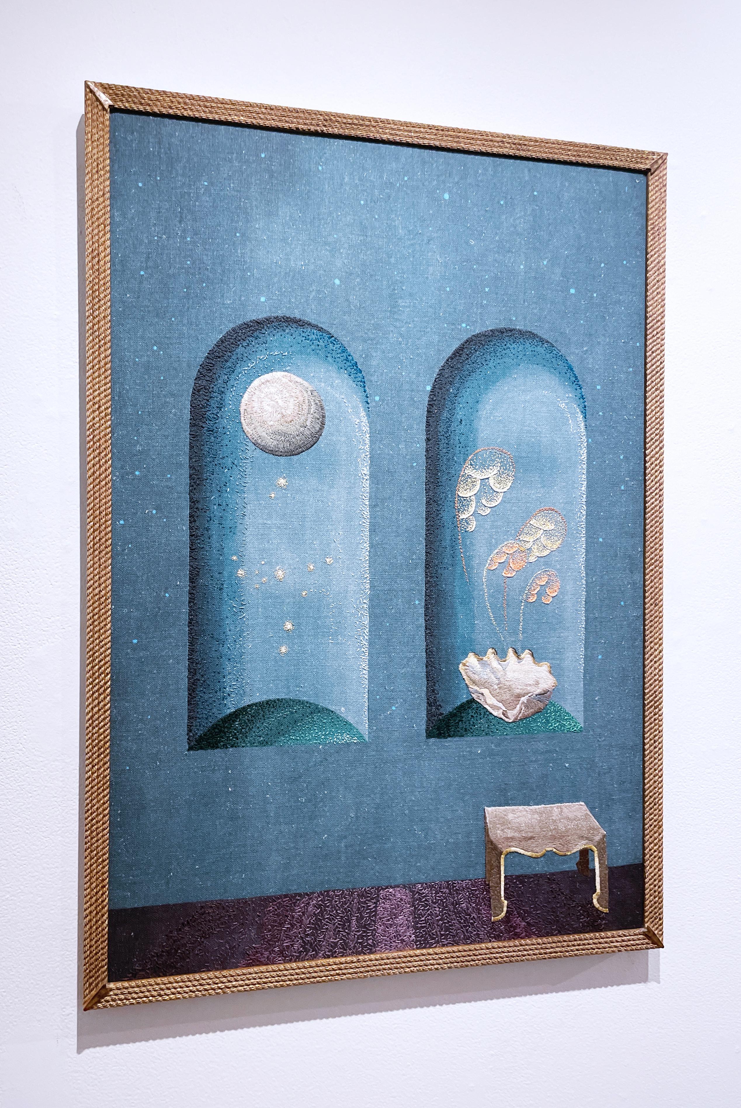 Collections III (2022) embroidery, interiors, textile, fiber, earth tones, blue - Contemporary Art by Amelia Dennigan