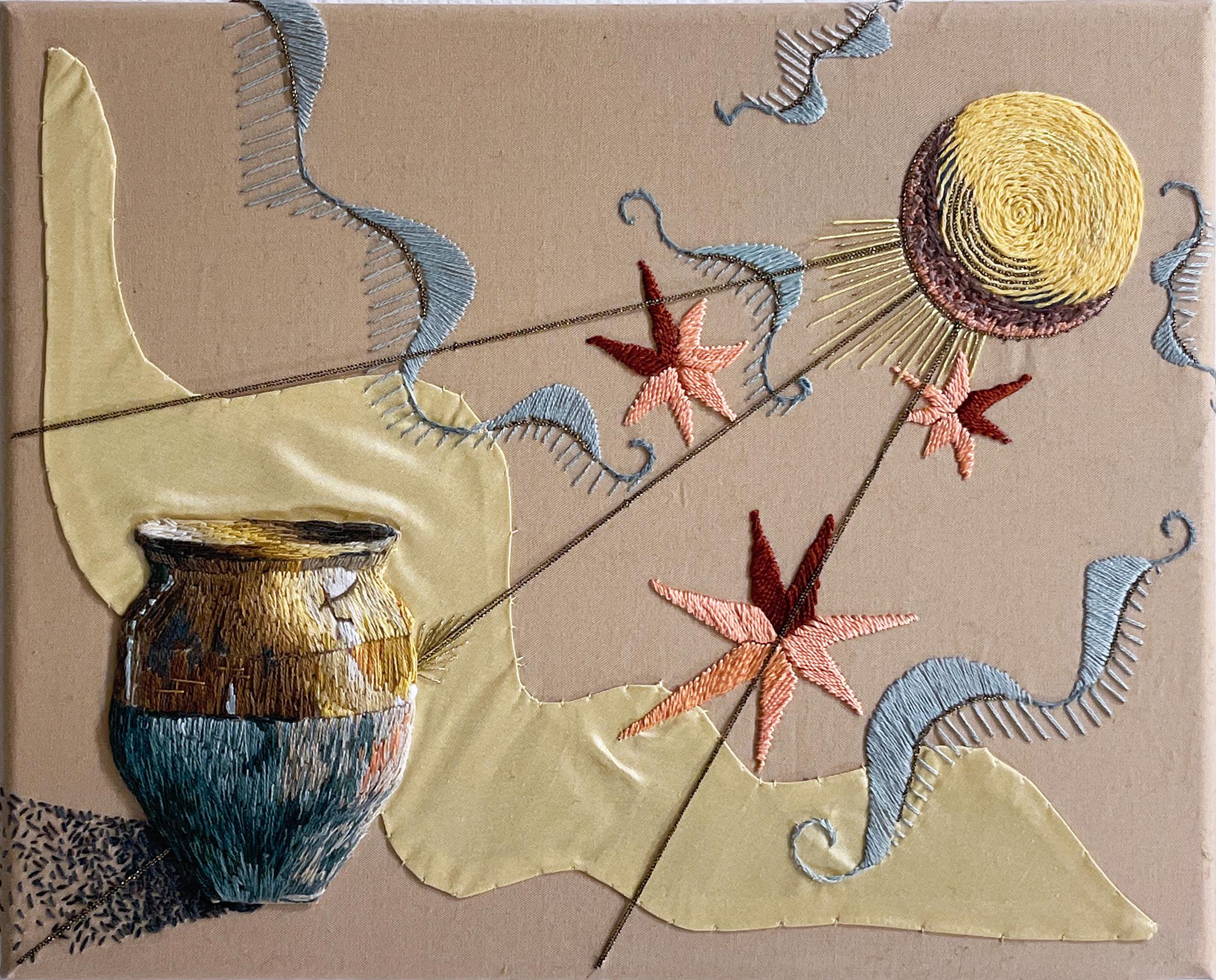 Amelia Dennigan Interior Painting - Cosmic Urn (2022) embroidery, interiors, textile, fiber, earth tones, peach