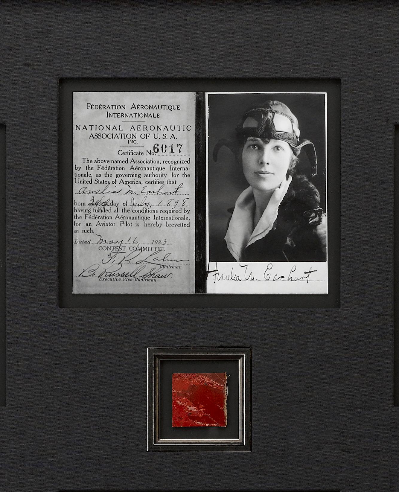 Exceptional collection of early American aviation history -- featuring wing cloth from the plane Amelia Earhart used to become the first woman to cross the Atlantic Ocean.

The piece also features a full Earhart autograph on a commemorative