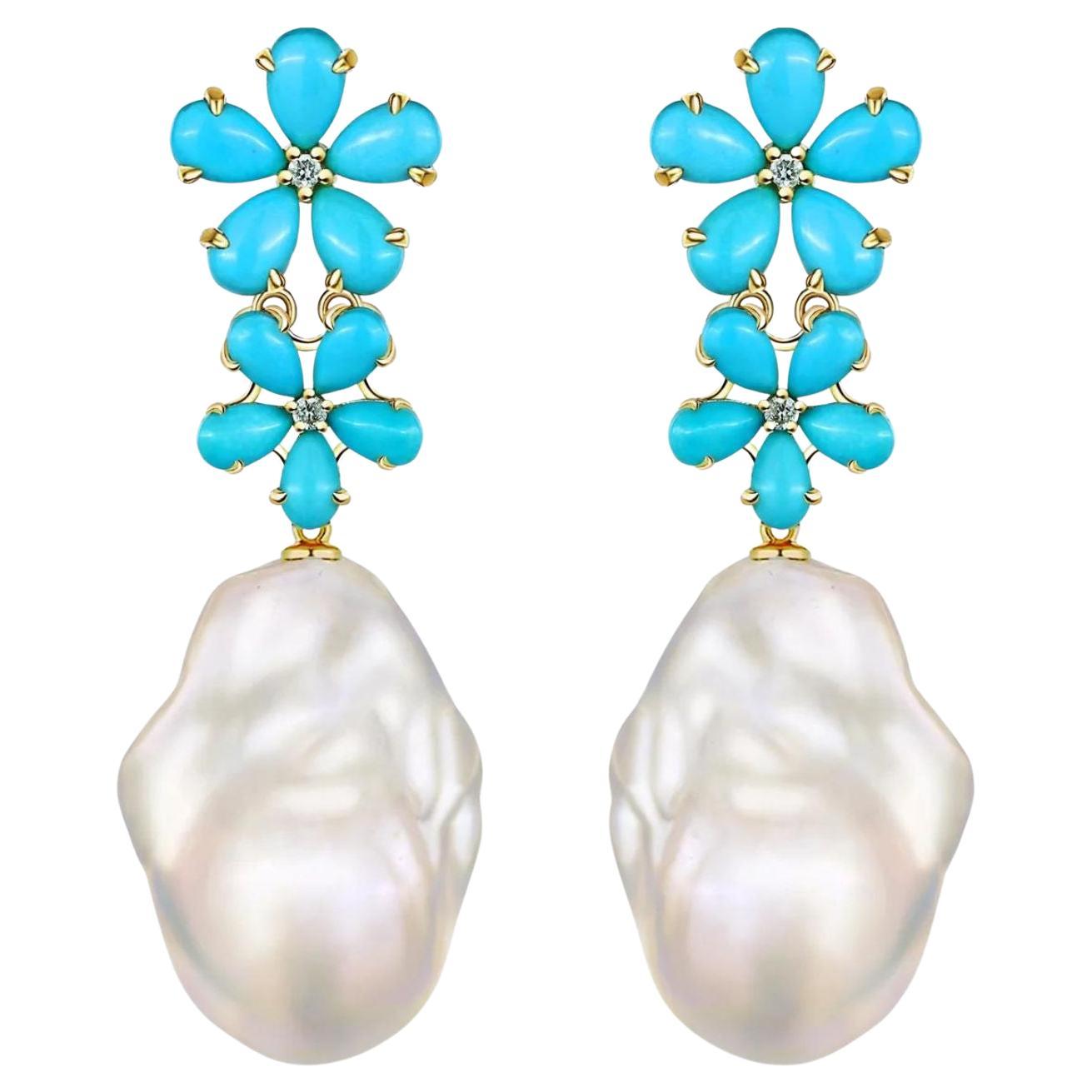 Pendientes Convertibles Nina Zhou Turquesa Diamante Flor y Perla Barroca en venta