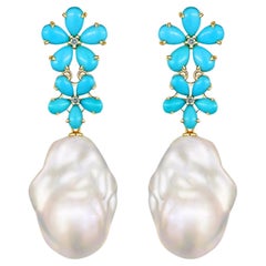 Nina Zhou, boucles d'oreilles convertibles en fleurs de diamants, turquoises et perles baroques