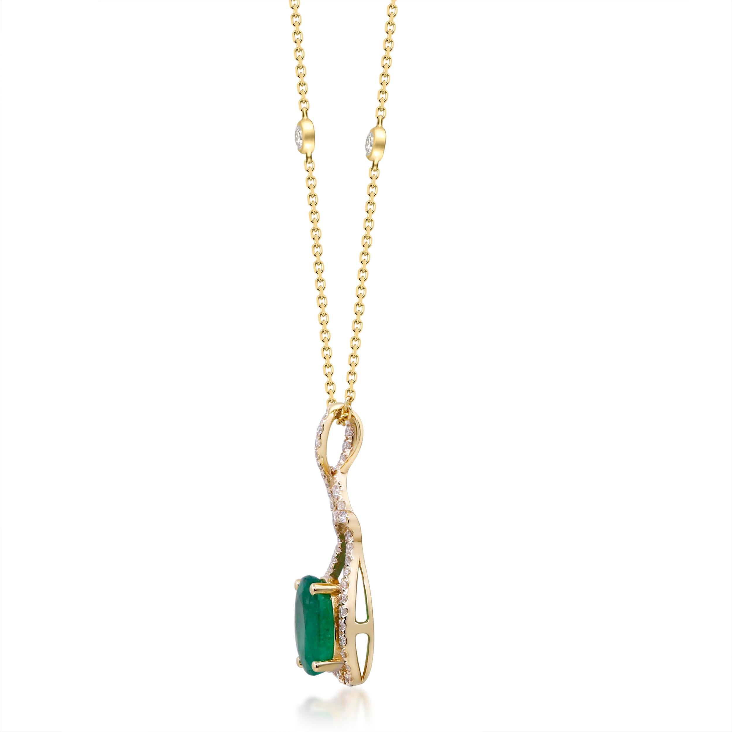 Decorate yourself in elegance with this Pendant is crafted from 14-karat Yellow Gold by Gin & Grace Pendant. This Pendant is made Oval-Cut Prong setting Natural Emerald (1 Pcs) 0.17 Carat and Round-Cut Prong setting Natural White Diamond (48 Pcs)