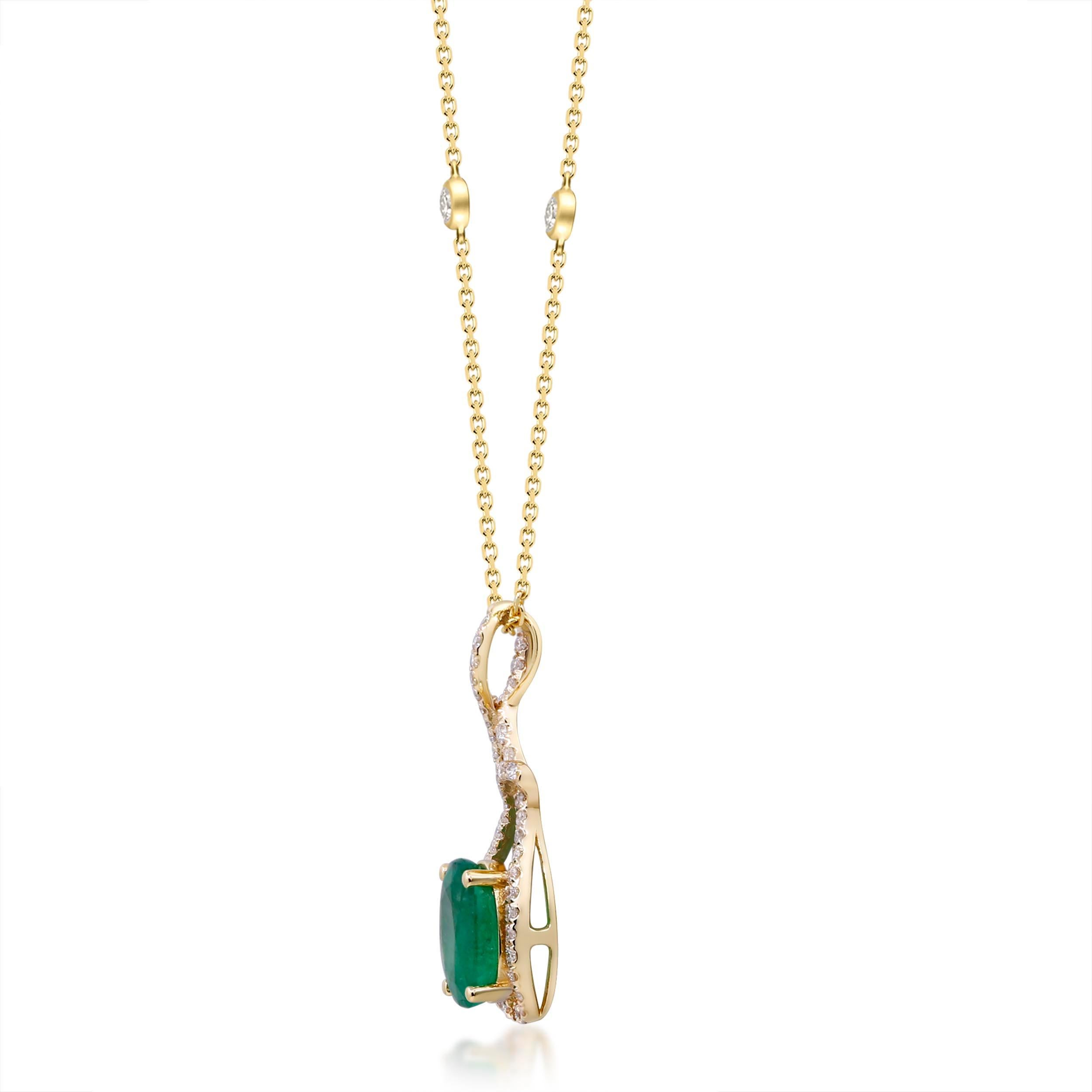 Faites preuve d'élégance avec ce pendentif en or jaune 14 carats de Gin and Grace. Ce pendentif est composé d'une émeraude naturelle de taille ovale (1 pièce) de 0,17 carat et d'un diamant blanc de taille ronde (48 pièces) de 0,26 carat. Ce