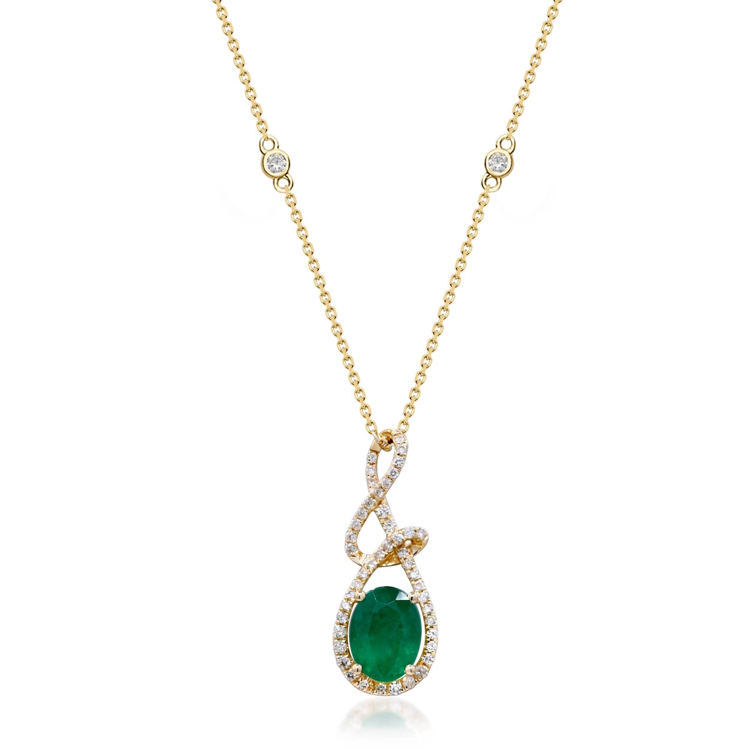 Art déco Pendentif Amelie en or jaune 14K avec émeraude de taille ovale en vente
