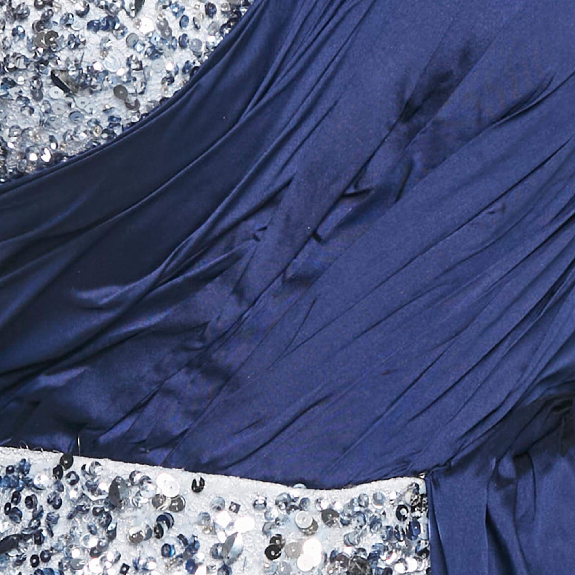 Women's Amelie Baku Blue Sequin Embellished Satin Draped One Shoulder Gown S For Sale