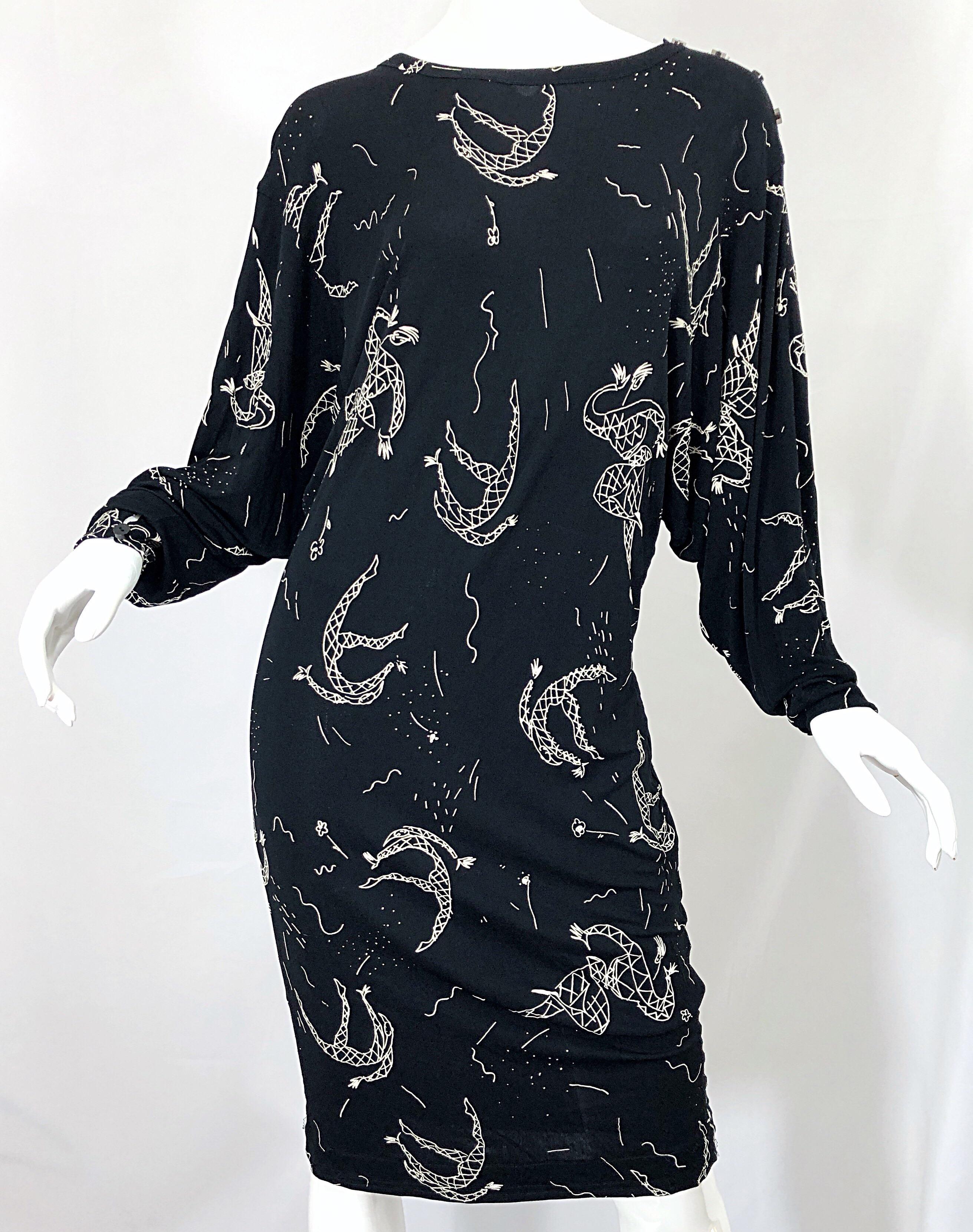 Amen Wardy 1980er Jahre Handbemaltes Kleid mit schwarzem und weißem Harlekin-Print 80er Jahre im Angebot 6