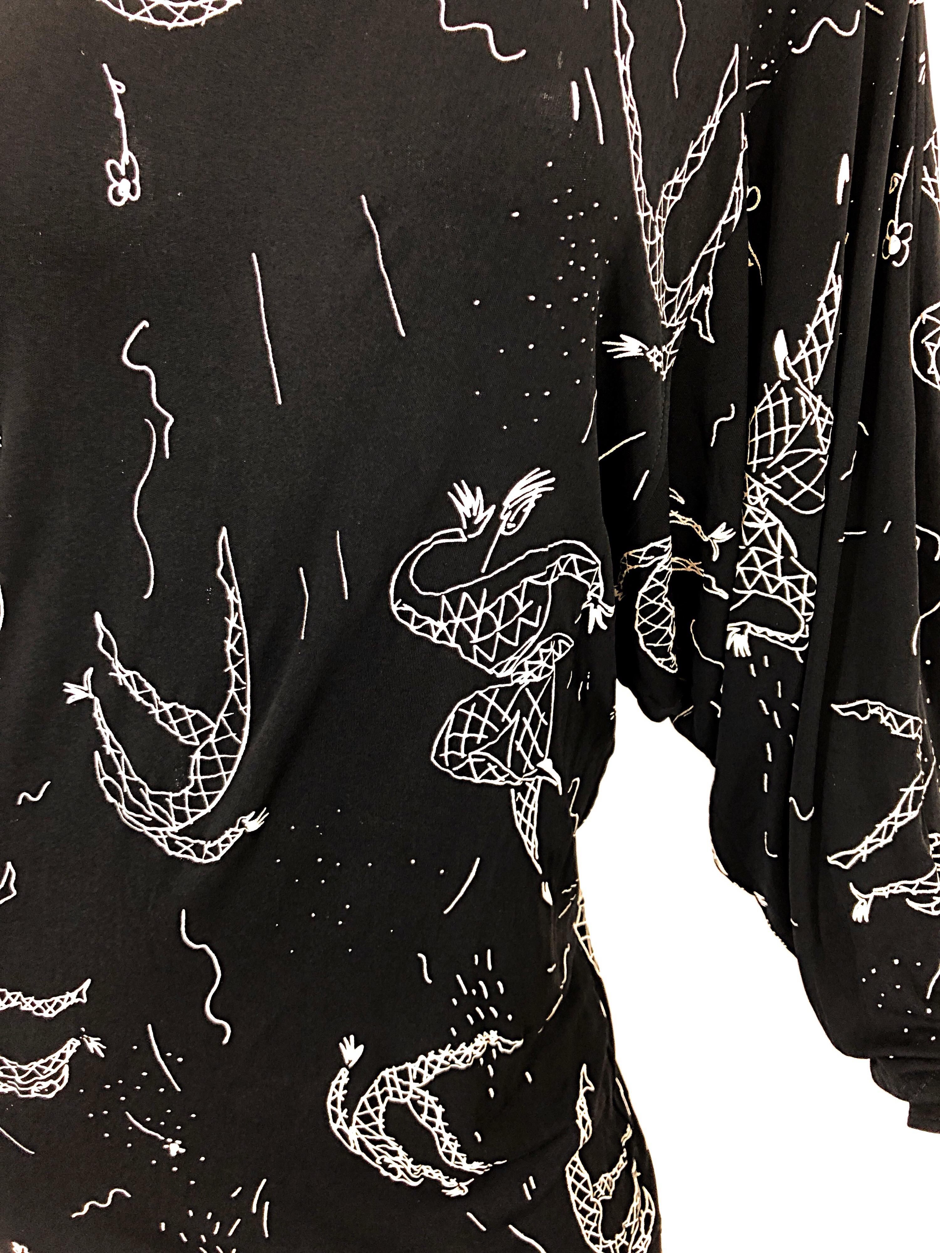 Amen Wardy 1980er Jahre Handbemaltes Kleid mit schwarzem und weißem Harlekin-Print 80er Jahre Damen im Angebot