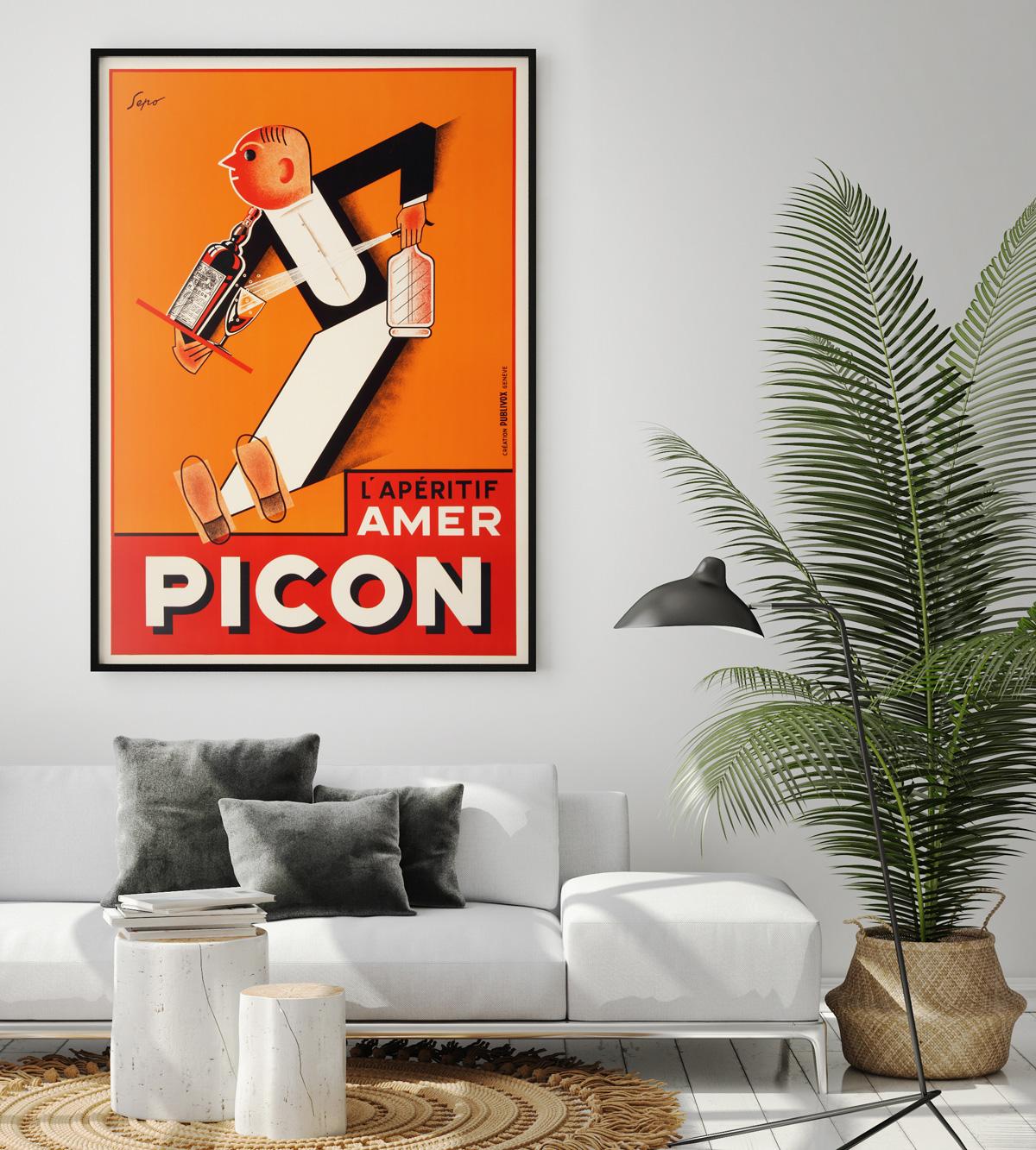 Wonderful original vintage French Amer Picon alcohol poster designed by Severo Pozzati. Severo Pozzati, known under the pseudonym 'Sepo' , was an Italian painter and sculptor. He studied at the Academy of Fine Arts in Bologna, where he graduated in
