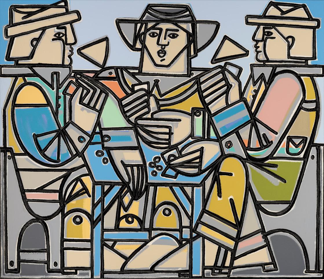 Amerika Martin
"Hommage an Cezzannes Kartenspieler Männer mit Worten Hüte und Karten"
Öl & Acryl auf Leinwand
60 x 70 Zoll
61,5 x 71,5 Gerahmt

Signiertes Gemälde von America Martin. 

Die in Los Angeles lebende Künstlerin America Martin lässt sich