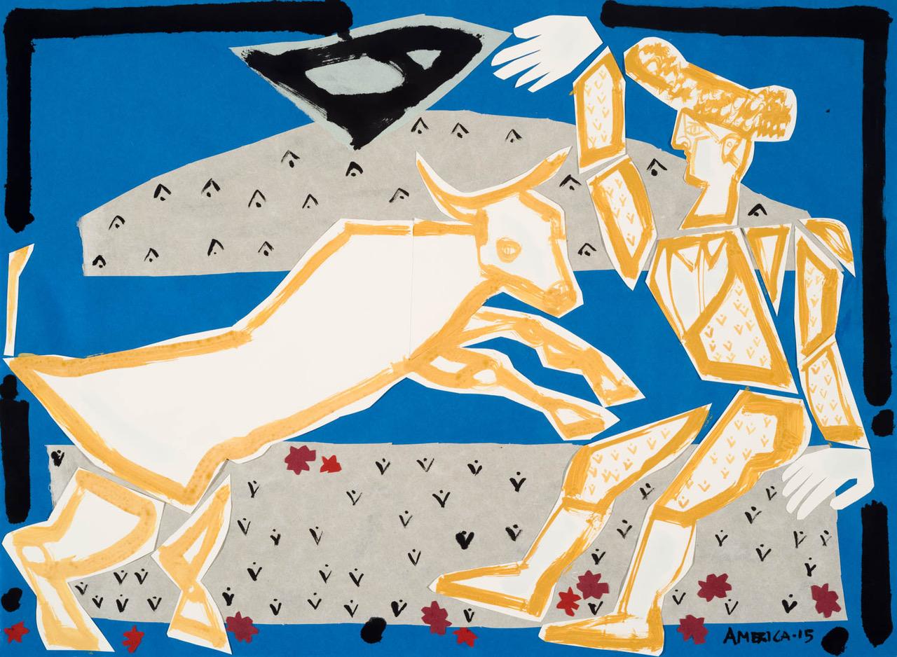 Tiere und Figuren auf Papier, kräftige Linien, Stierkämpfer-Collage von America Martin