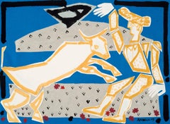 Animals and Figure on paper, Bold lines, Bull Fighter Collage by America Martin