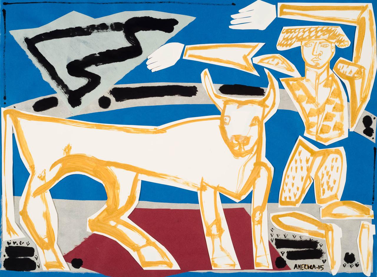 Amerika Martin
„Bull Fighter Collage II“, 2015
Bleistift und Tinte auf gemischtem Papier
18.5 x 25.25 in (46.99 x 64.14 cm)

America Martin ist eine international vertretene kolumbianisch-amerikanische Künstlerin mit Sitz in Los Angeles. Amerika ist