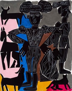 Animals, Figure on paper, Bold lines, The Bull Fighter Collage by America Martin