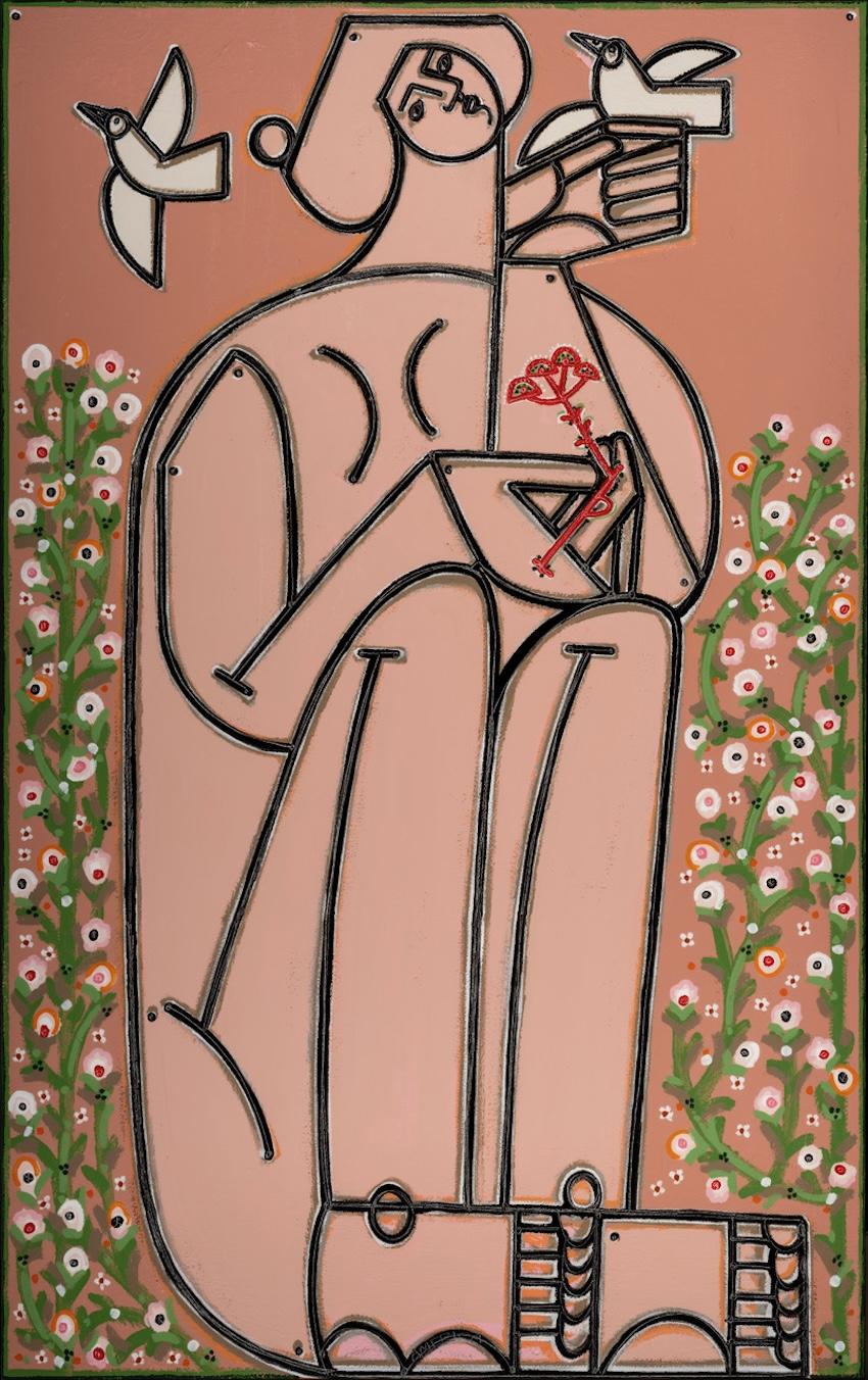 America Martin
"Woman with Doves"
Oil & Acrylic on Canvas
85 x 53.25 inches
86.5 x 54.5 framed

Exploring the identity of both her namesake and country, LA-based America Martin draws inspiration from her Colombian heritage and the human figure to