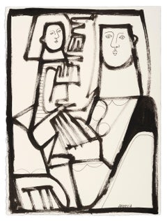 Peinture en noir et blanc, chien, animal, portrait, famille, nouveau chiot par America Martin