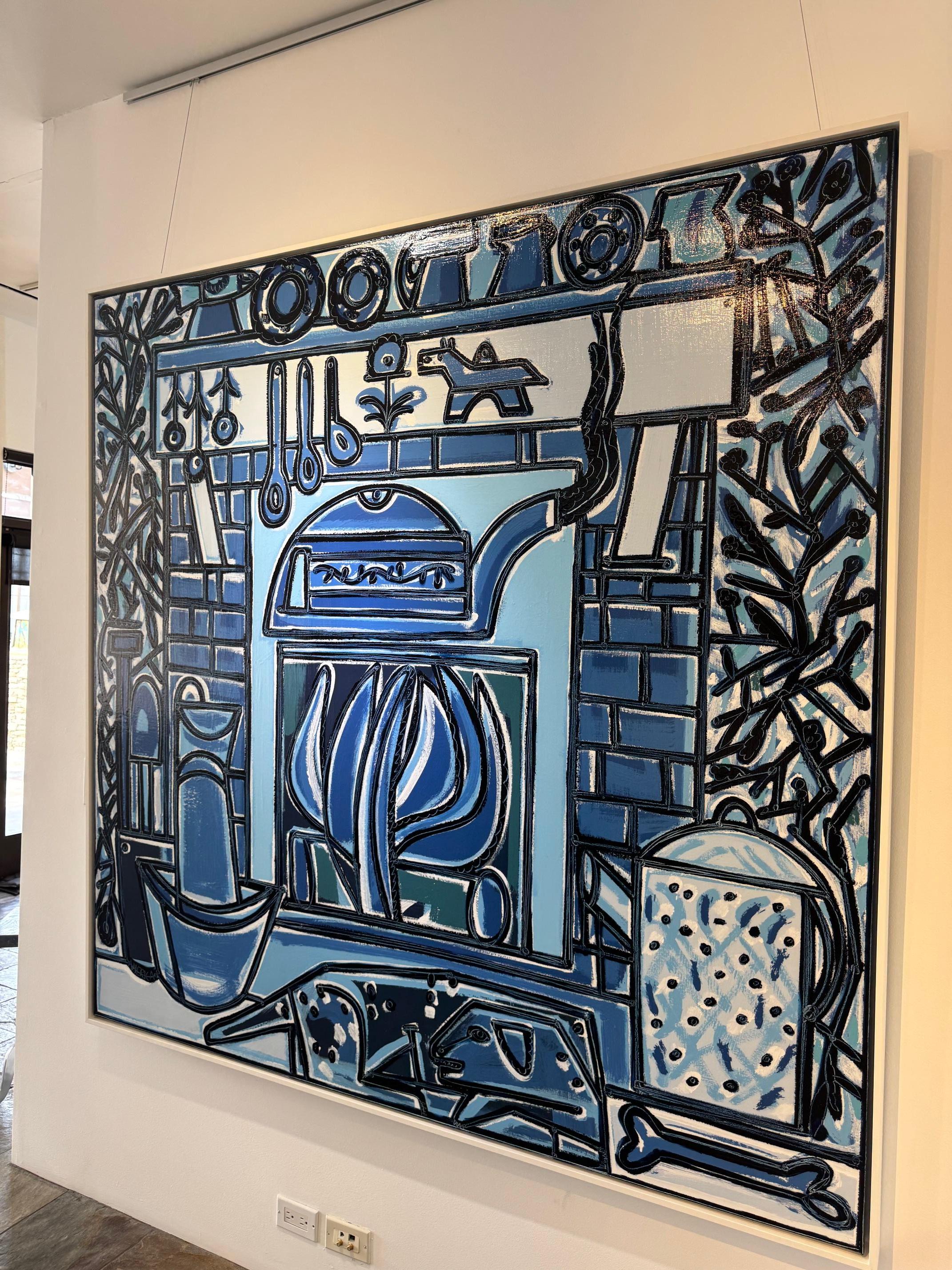 Blaues Interieur-Stillleben, Kamin mit Hund, Haus und Herzh von America Martin im Angebot 1