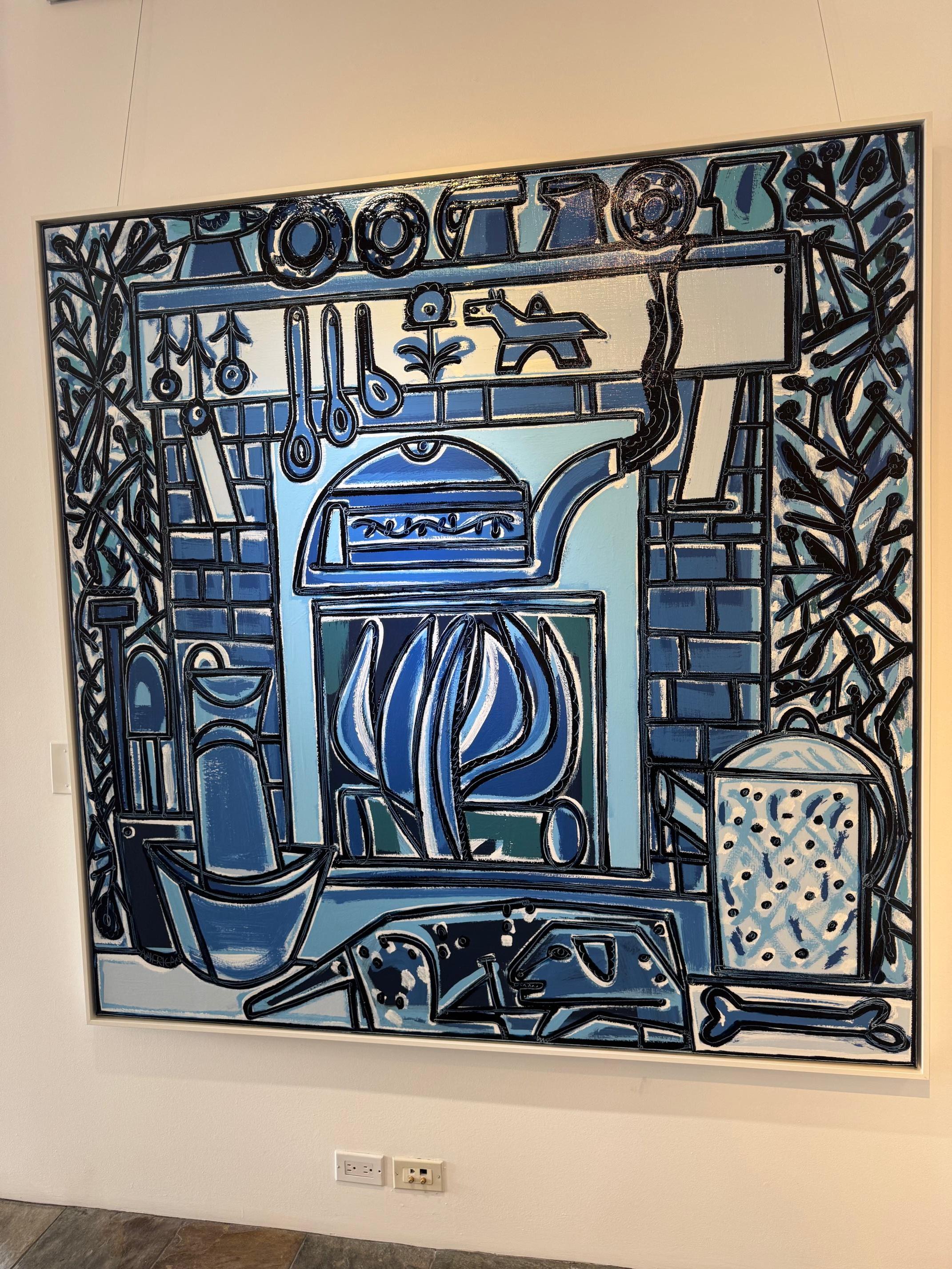 Blaues Interieur-Stillleben, Kamin mit Hund, Haus und Herzh von America Martin im Angebot 2