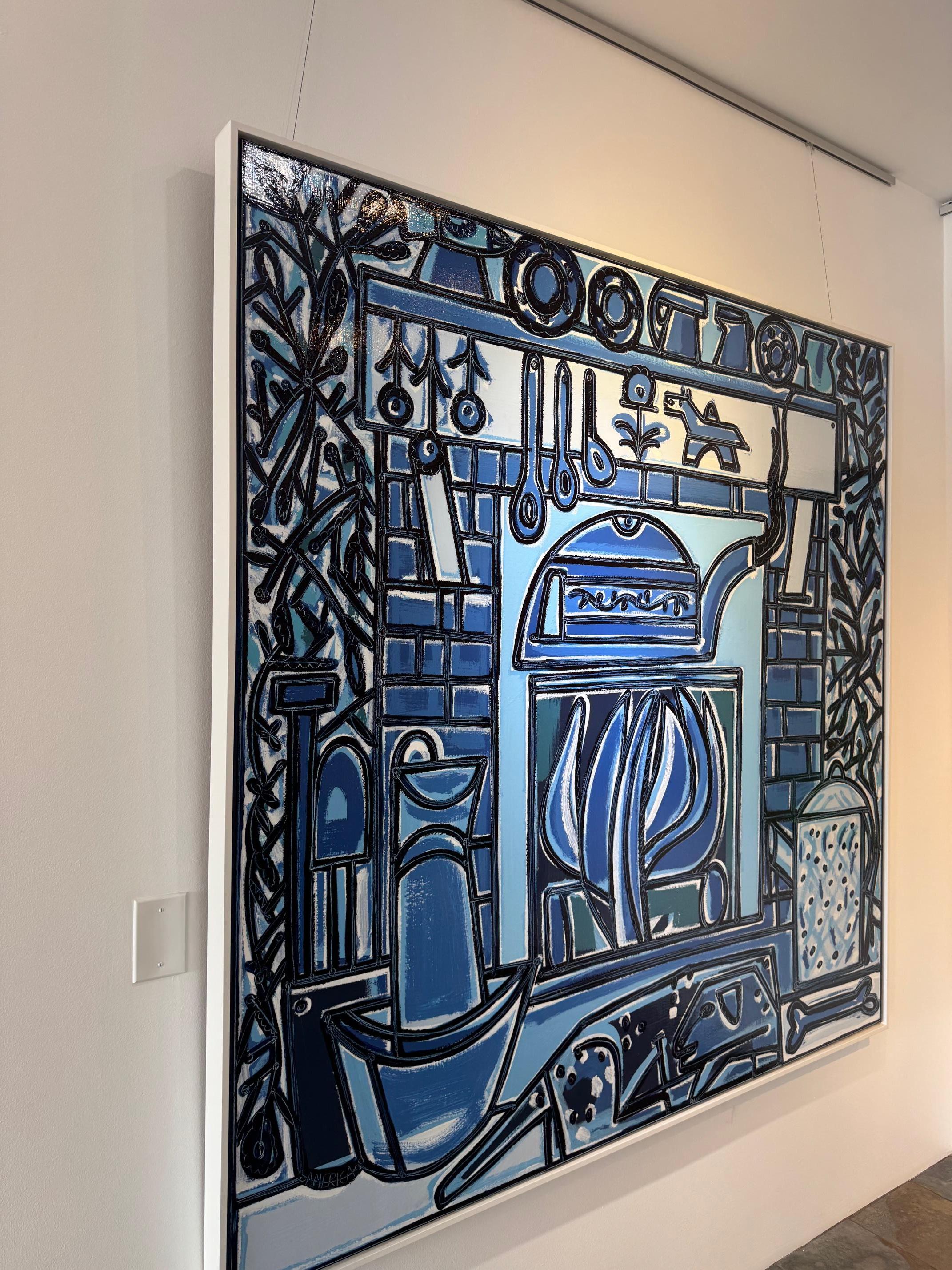 Blaues Interieur-Stillleben, Kamin mit Hund, Haus und Herzh von America Martin im Angebot 3