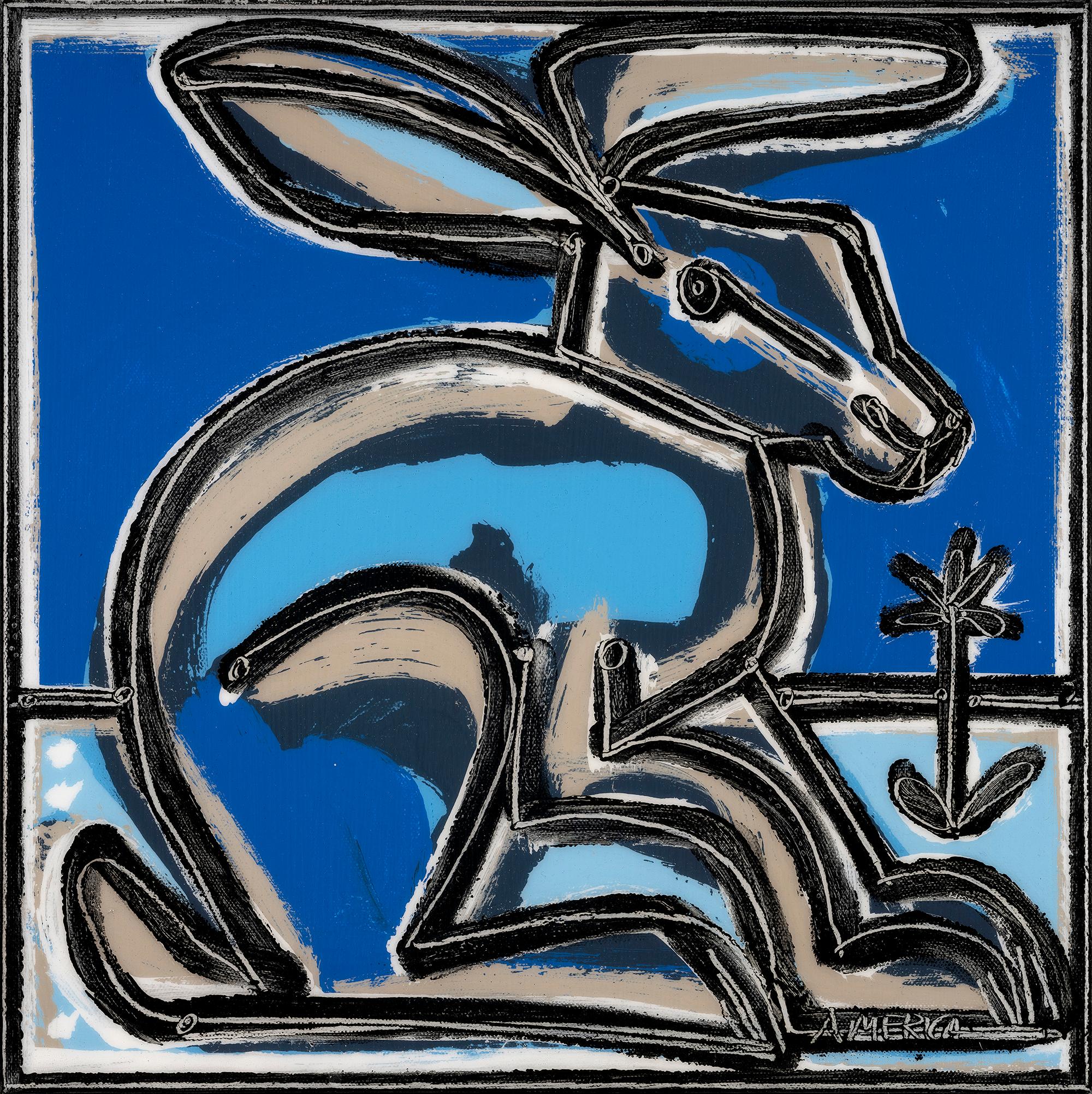 Amerika Martin
"Blaues Kaninchen (links)"
Öl & Acryl auf Leinwand
14 x 14 in. ; 15,625 x 15,625 in. Gerahmt
______________

Die in Los Angeles lebende Künstlerin America Martin lässt sich von ihrem kolumbianischen Erbe und der menschlichen Figur