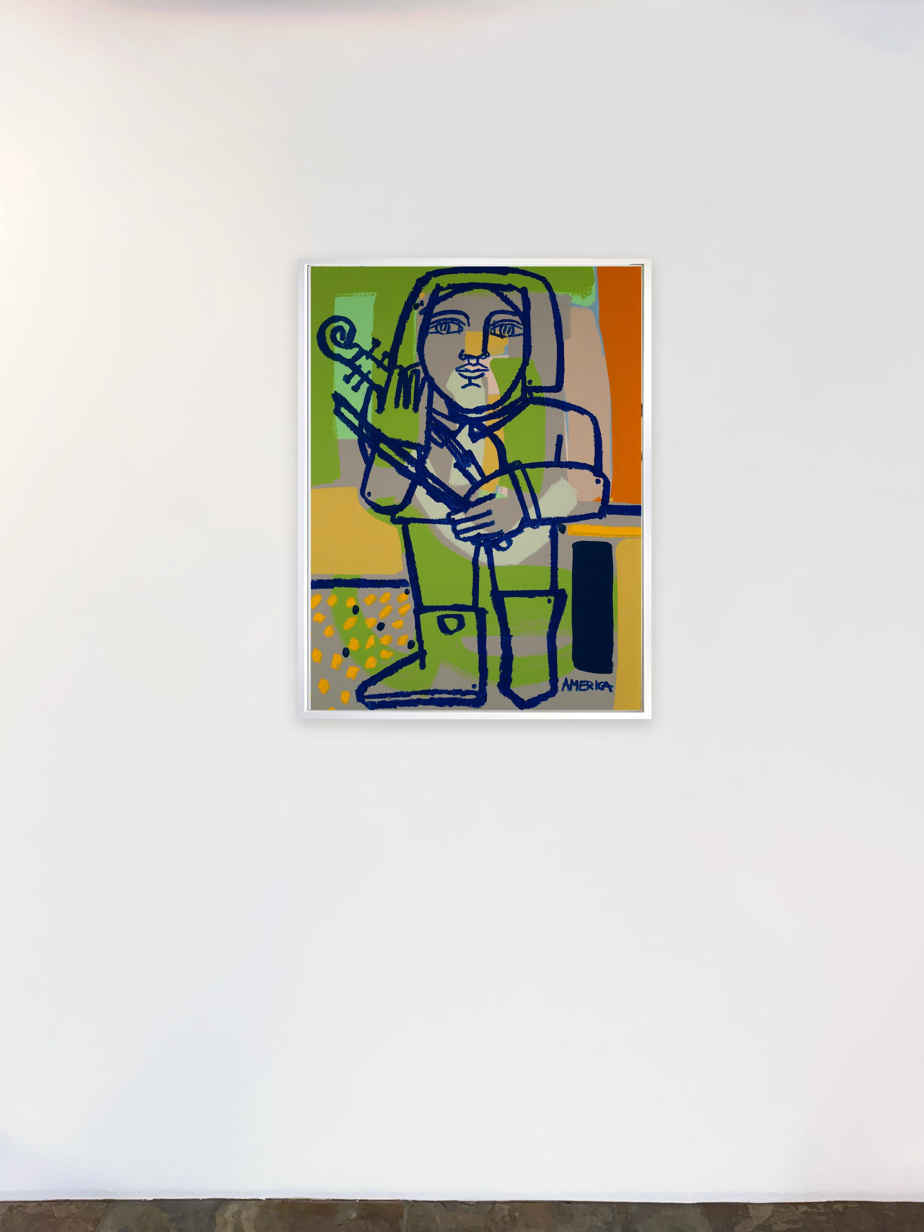 Stiefel und Geige_Amerika Martin_Öl/Acryl/Leinwand_Figuratives_Portrait – Painting von America Martin