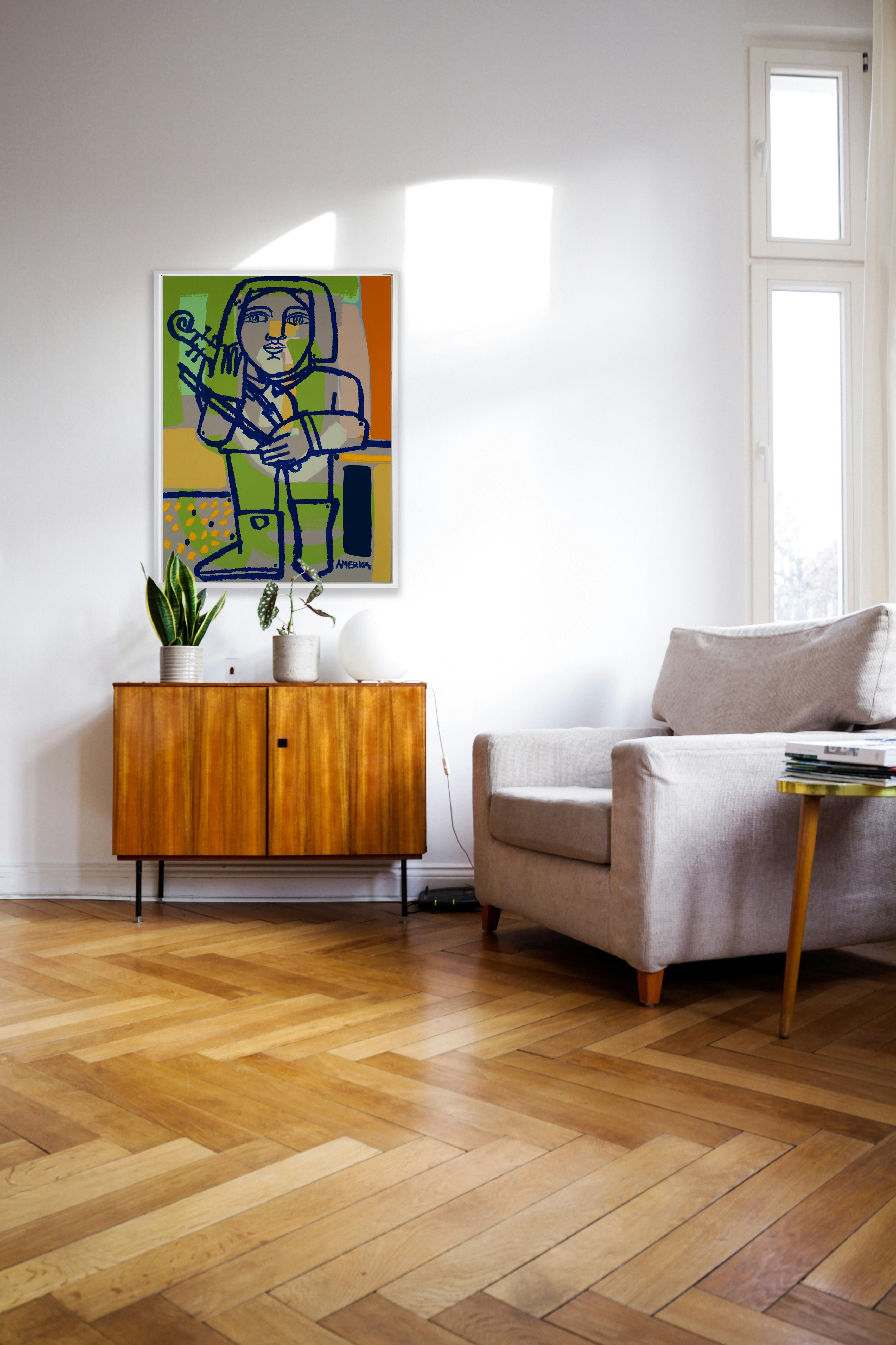 Stiefel und Geige_Amerika Martin_Öl/Acryl/Leinwand_Figuratives_Portrait (Braun), Figurative Painting, von America Martin